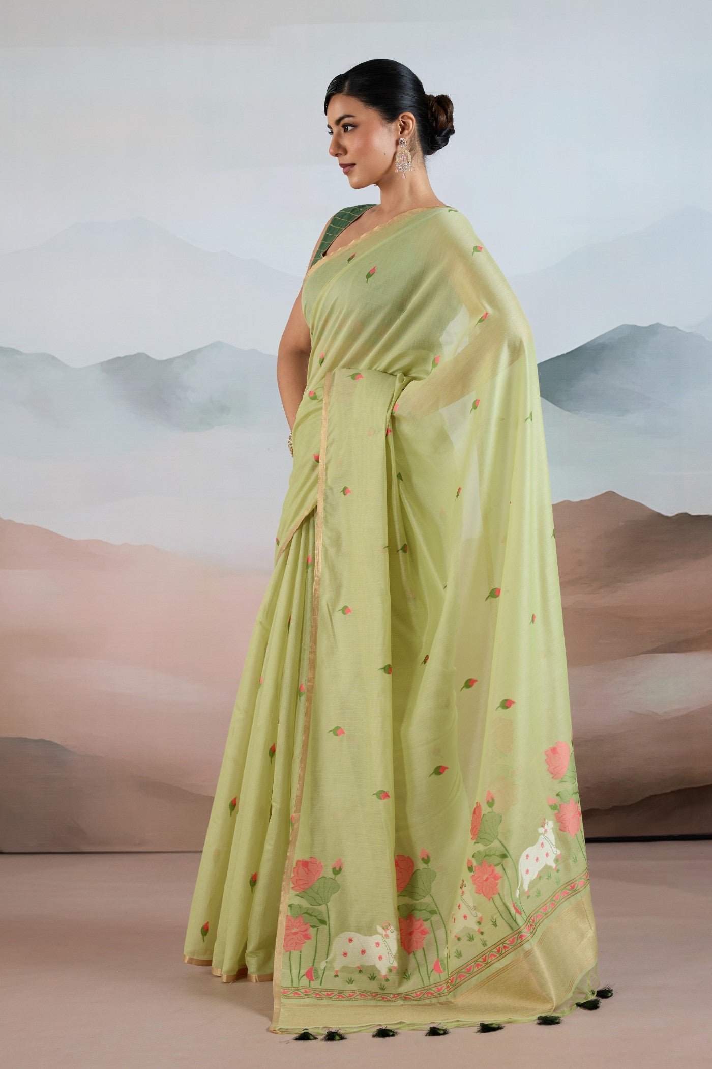 Buy MySilkLove Artichoke Green Cotton Handloom Pichwai Saree Online