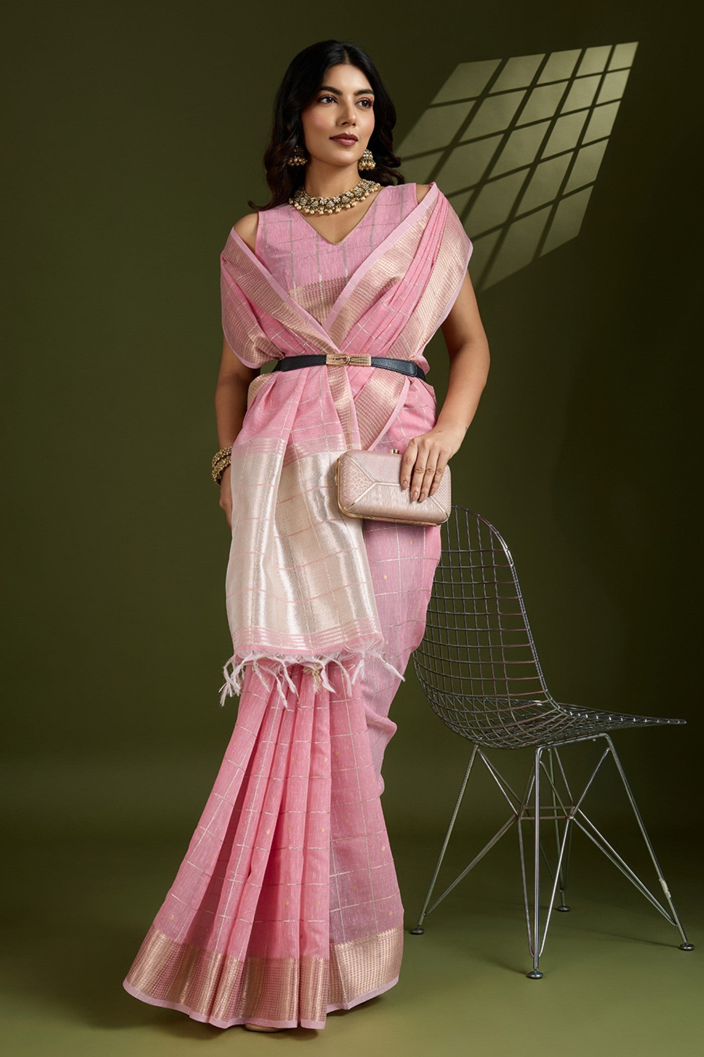 Buy MySilkLove Shimmer Pink Woven Tissue Linen Saree Online