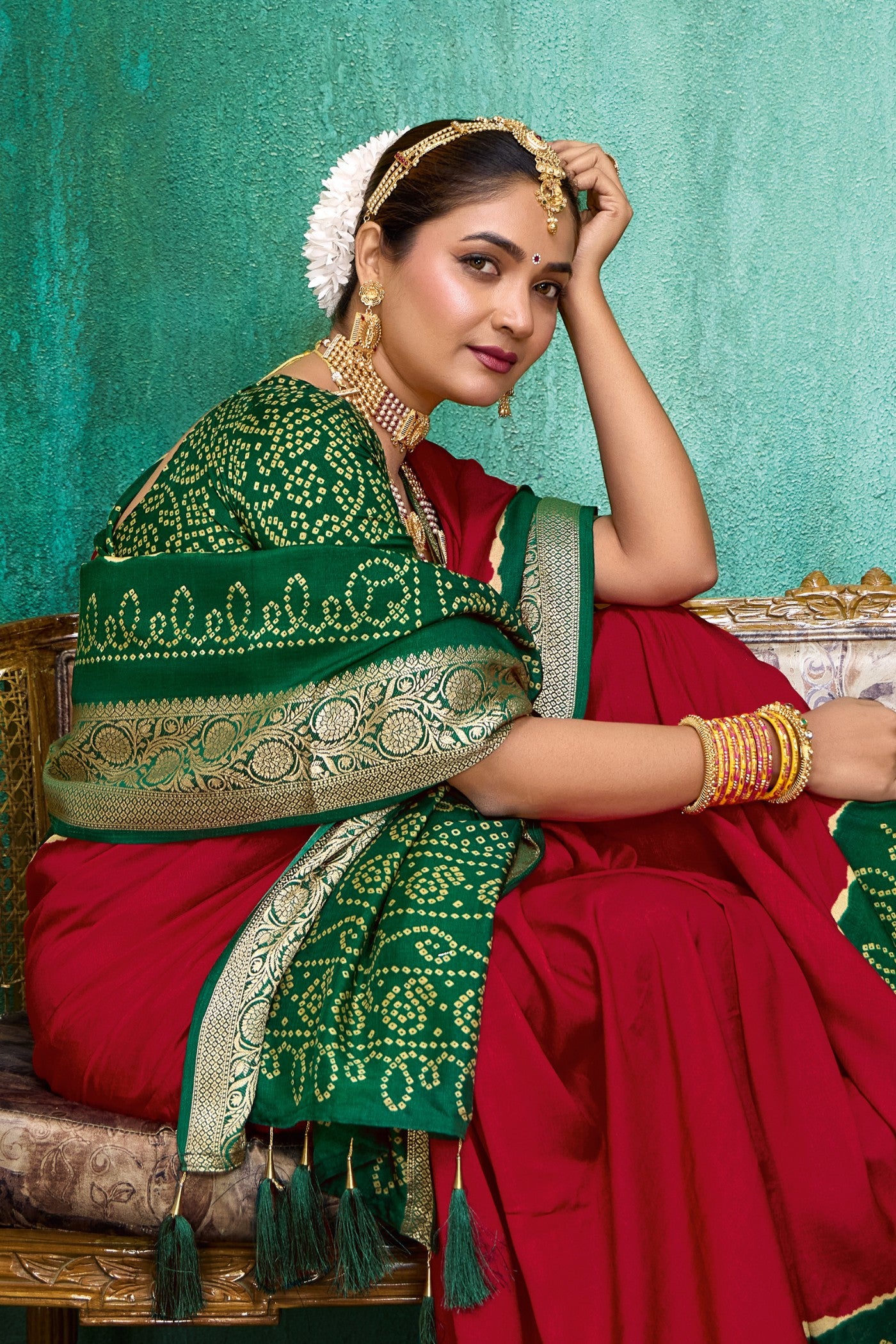 Buy MySilkLove Garnet Red Tussar Bandhani Silk Saree Online