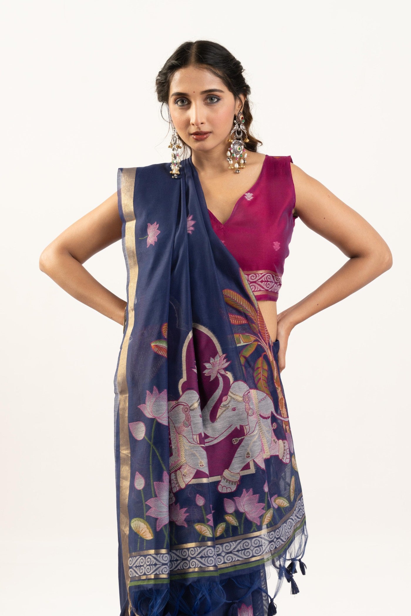 Buy MySilkLove Majesty Blue Woven Soft Muga Cotton Saree Online