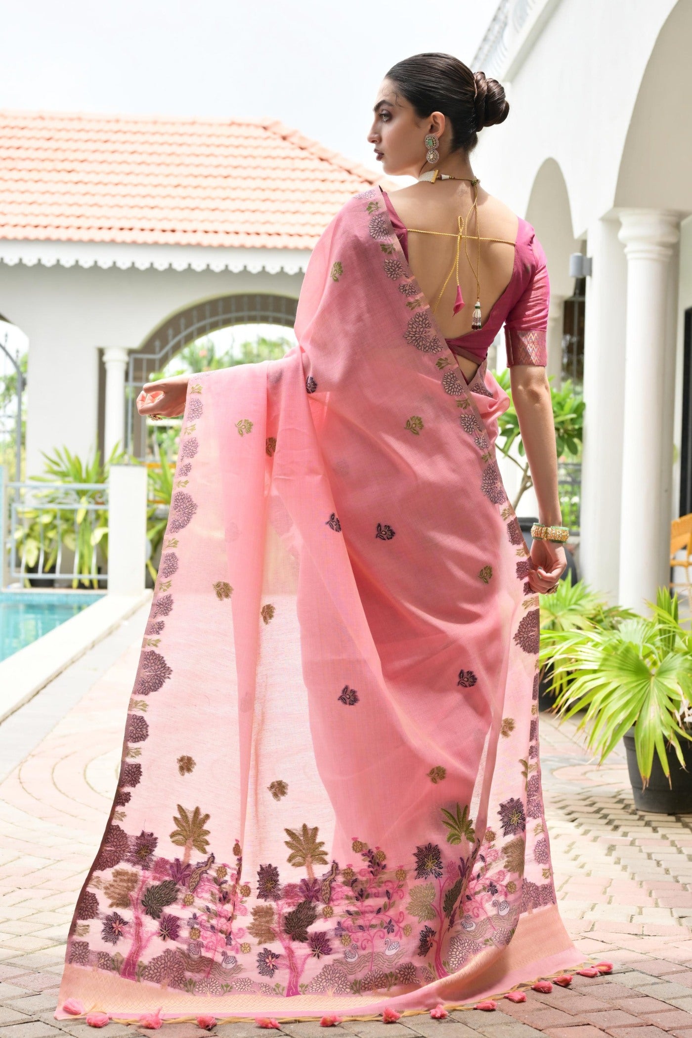 Buy MySilkLove Mulberry Pink Woven Muga Cotton Saree Online