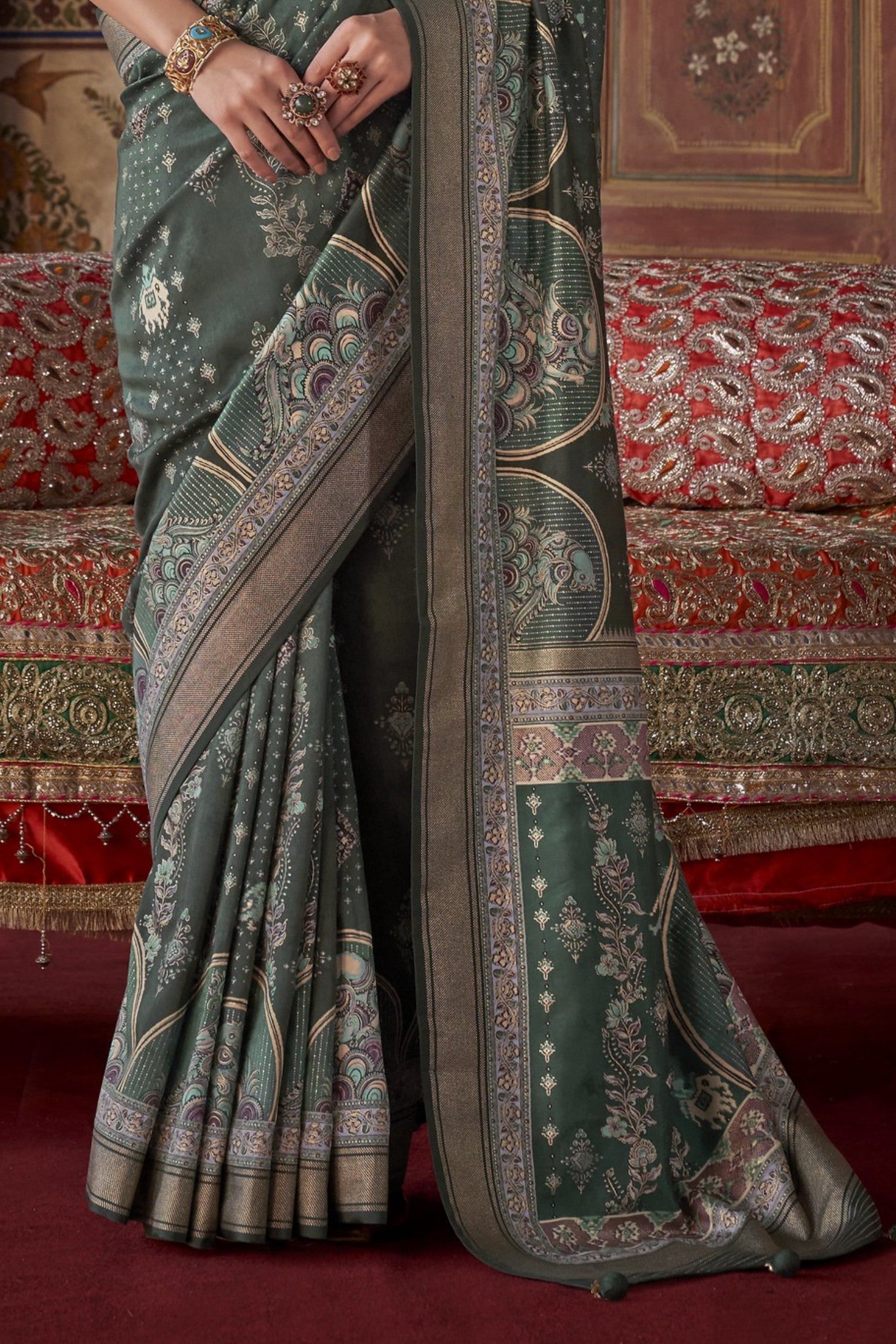 Buy MySilkLove Lunar Green Printed Banarasi Saree Online