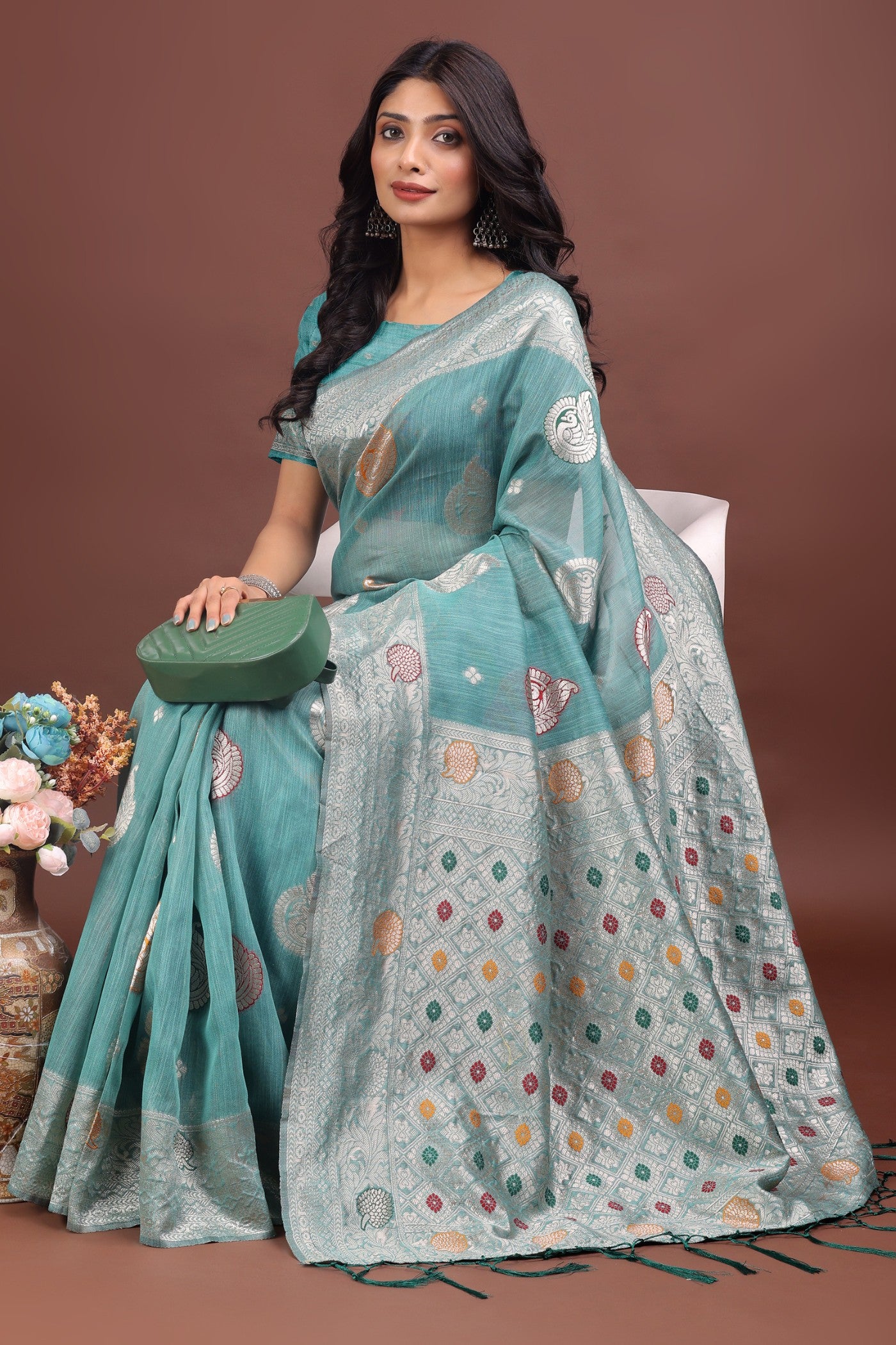 Buy MySilkLove Pacific Blue Linen Cotton Saree Online