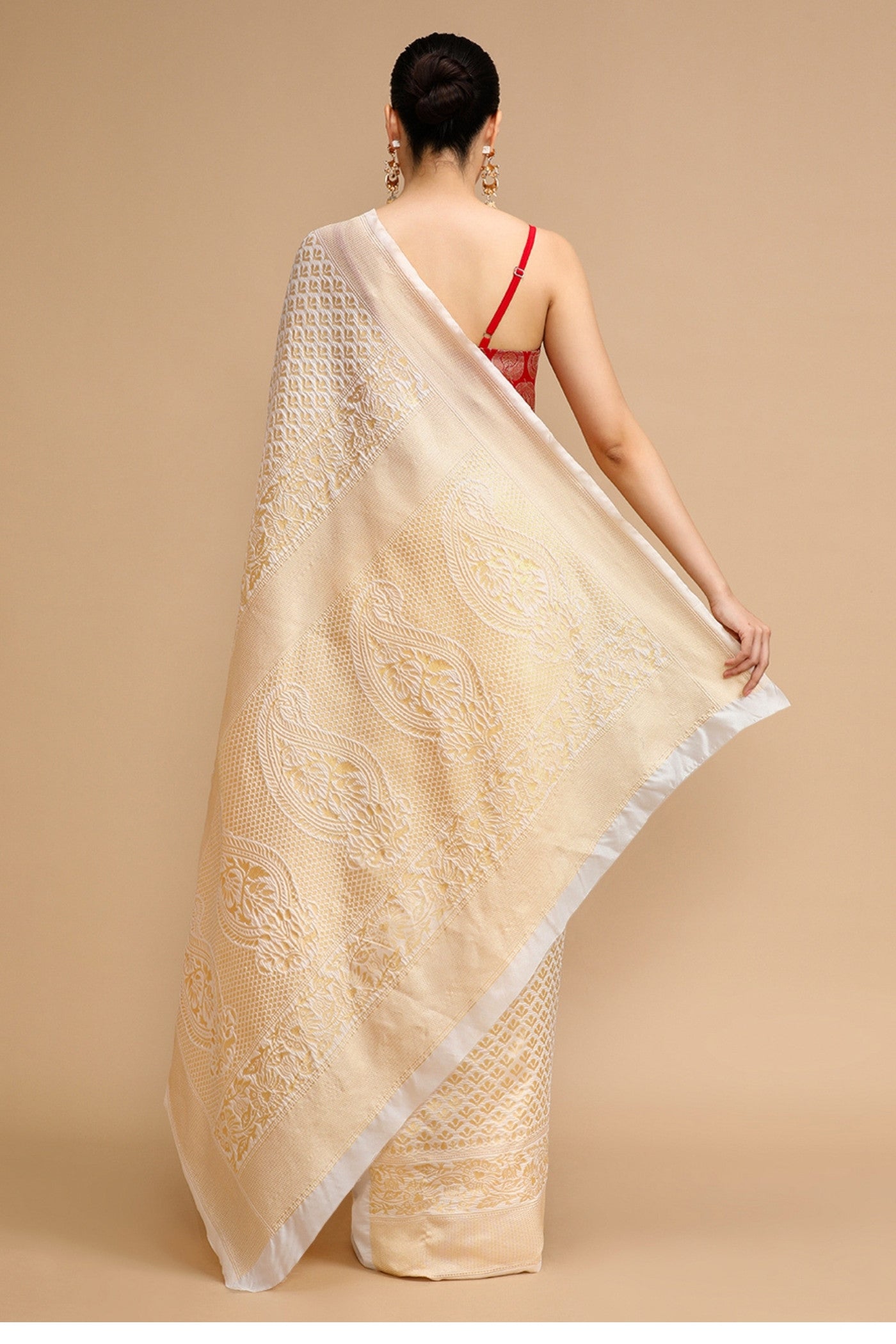 Buy MySilkLove Almond Cream Woven Jacquard Lichi Silk Saree Online