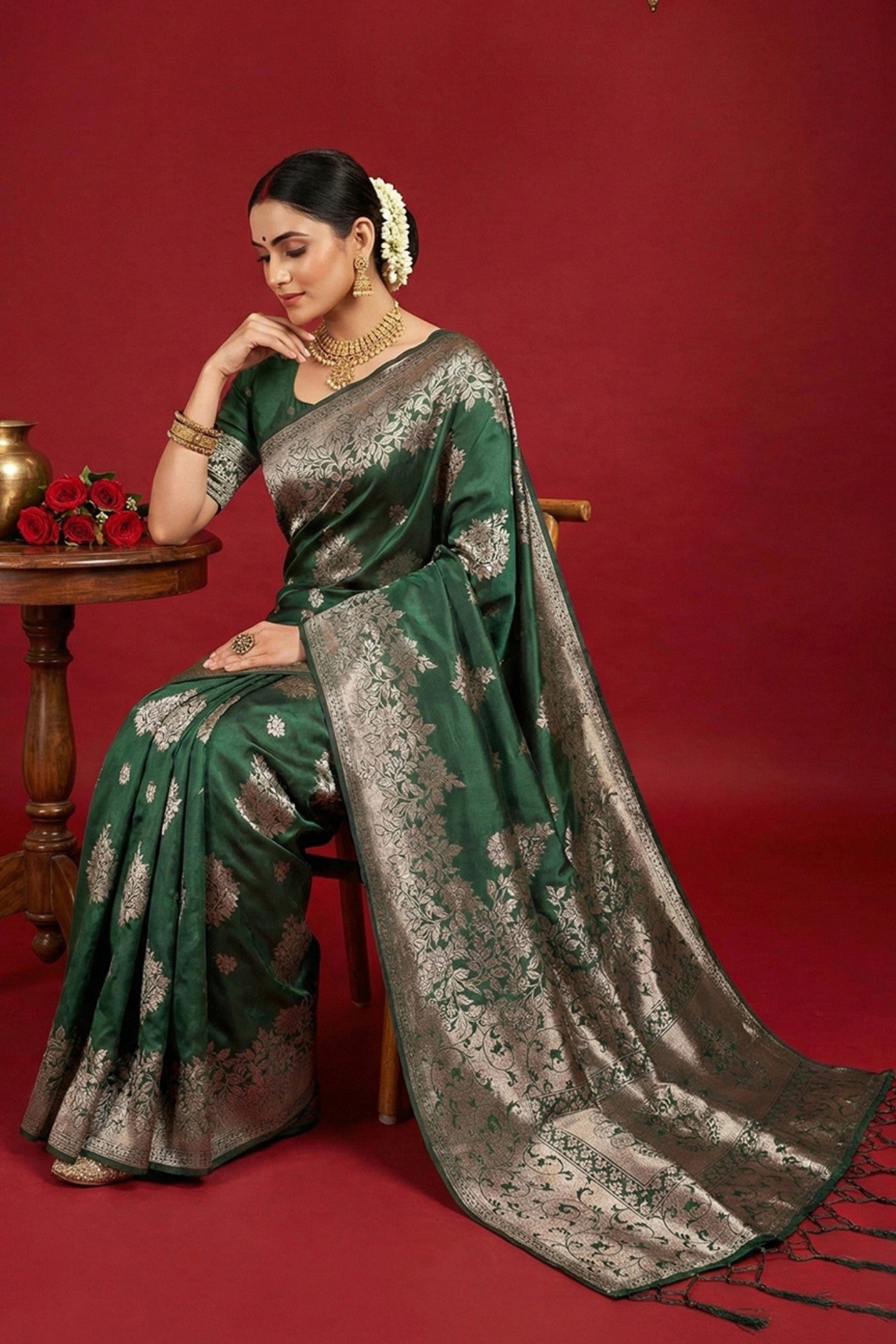 MySilkLove Hunter Green Woven Banarasi Silk Saree