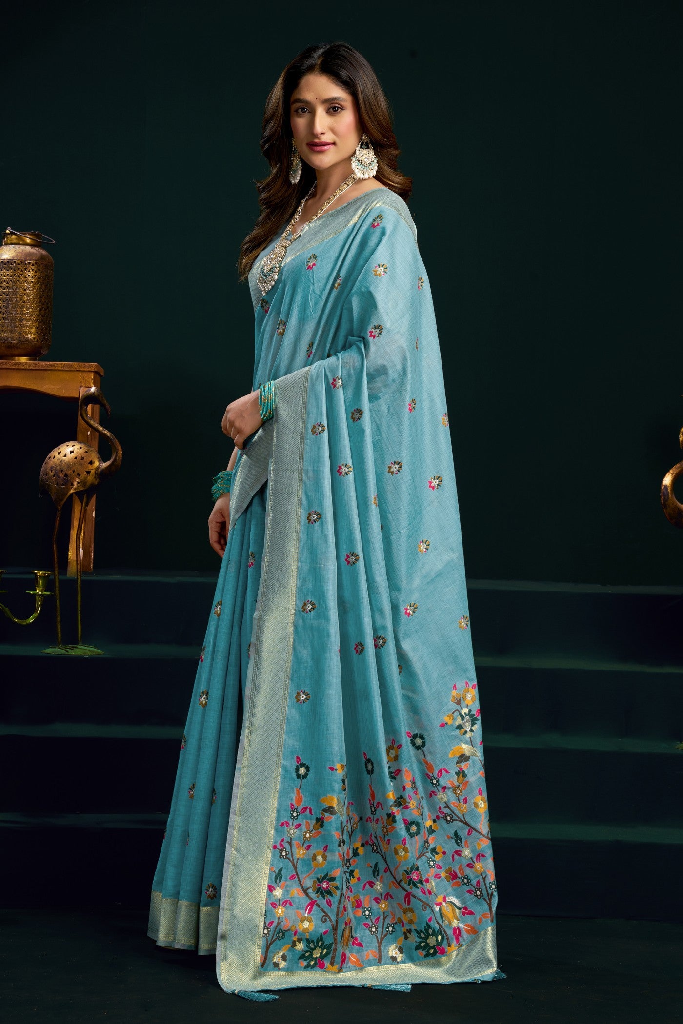 Buy MySilkLove Baby Blue Handloom Muga Cotton Saree Online