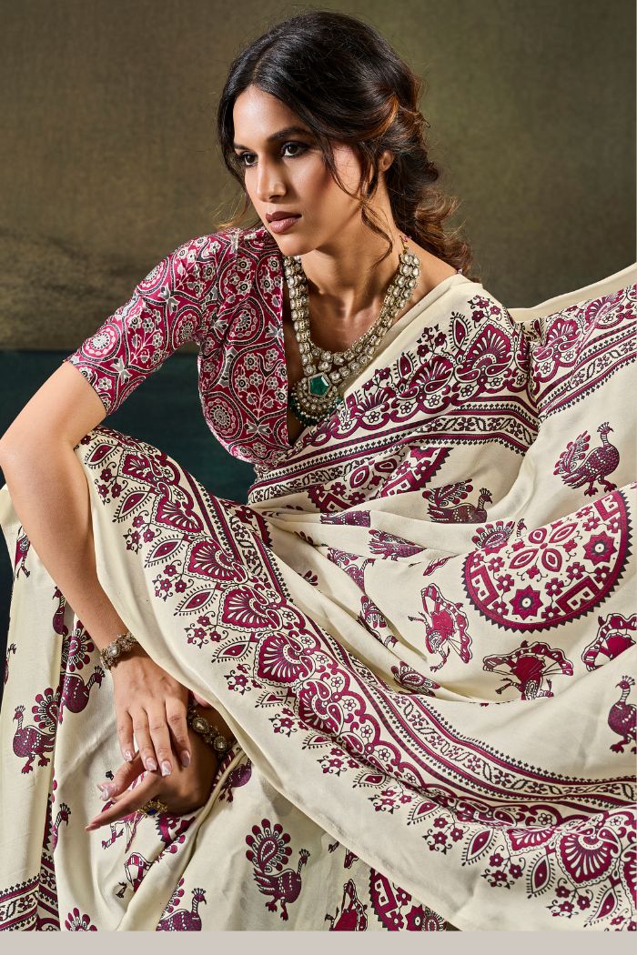 Buy MySilkLove Coconut Cream Modal Ajrakh Satin Printed Silk Saree Online
