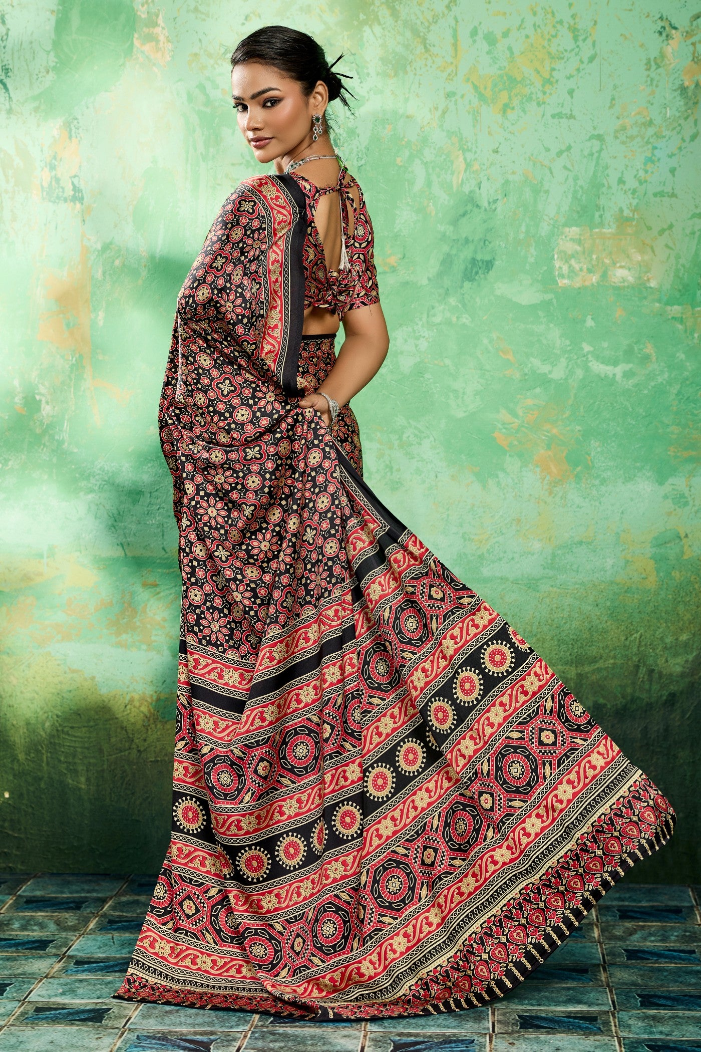 Buy MySilkLove Raven Glow Black Modal Ajrakh Satin Printed Silk Saree Online
