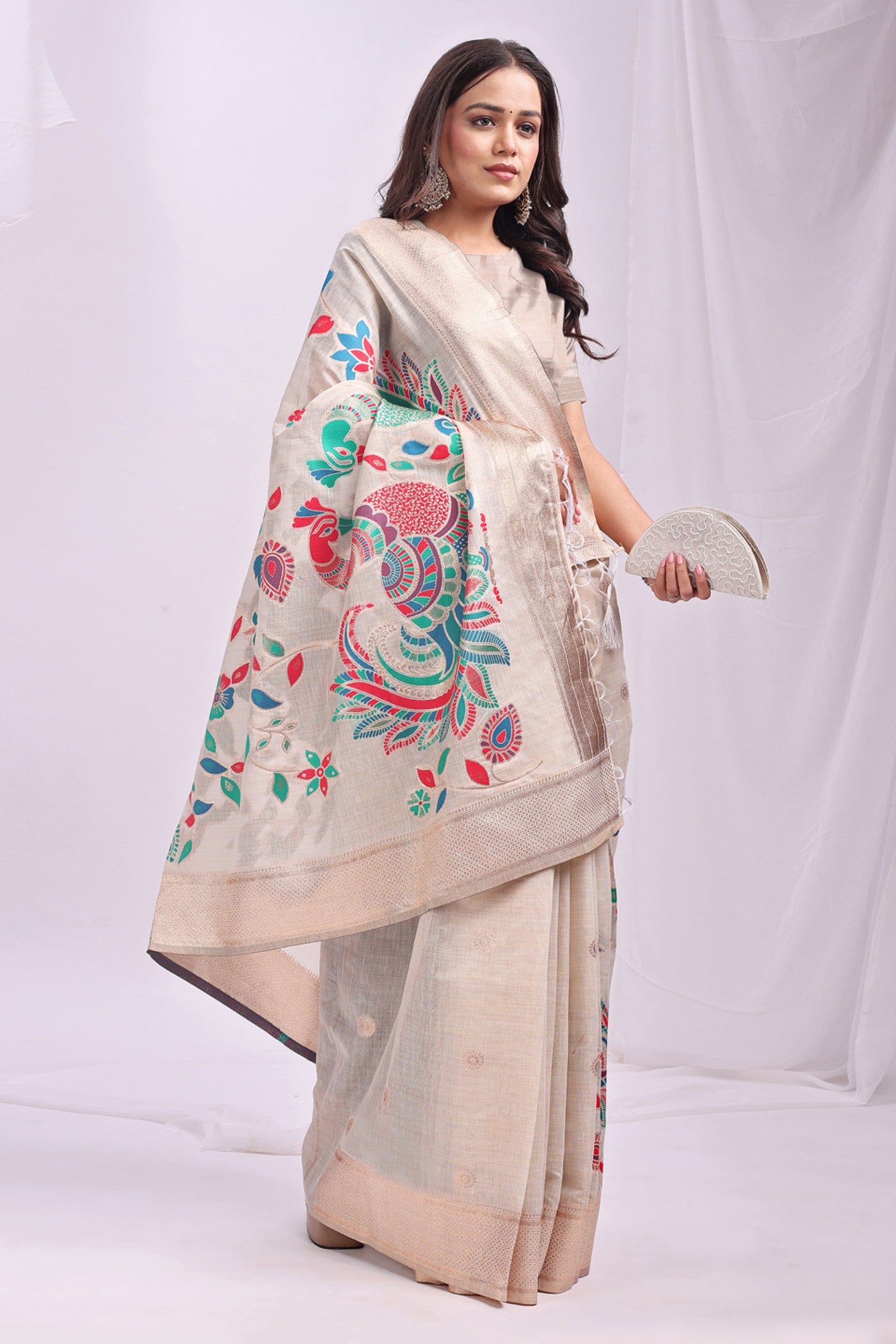 Buy MySilkLove Pearl White Woven Linen Cotton Saree Online