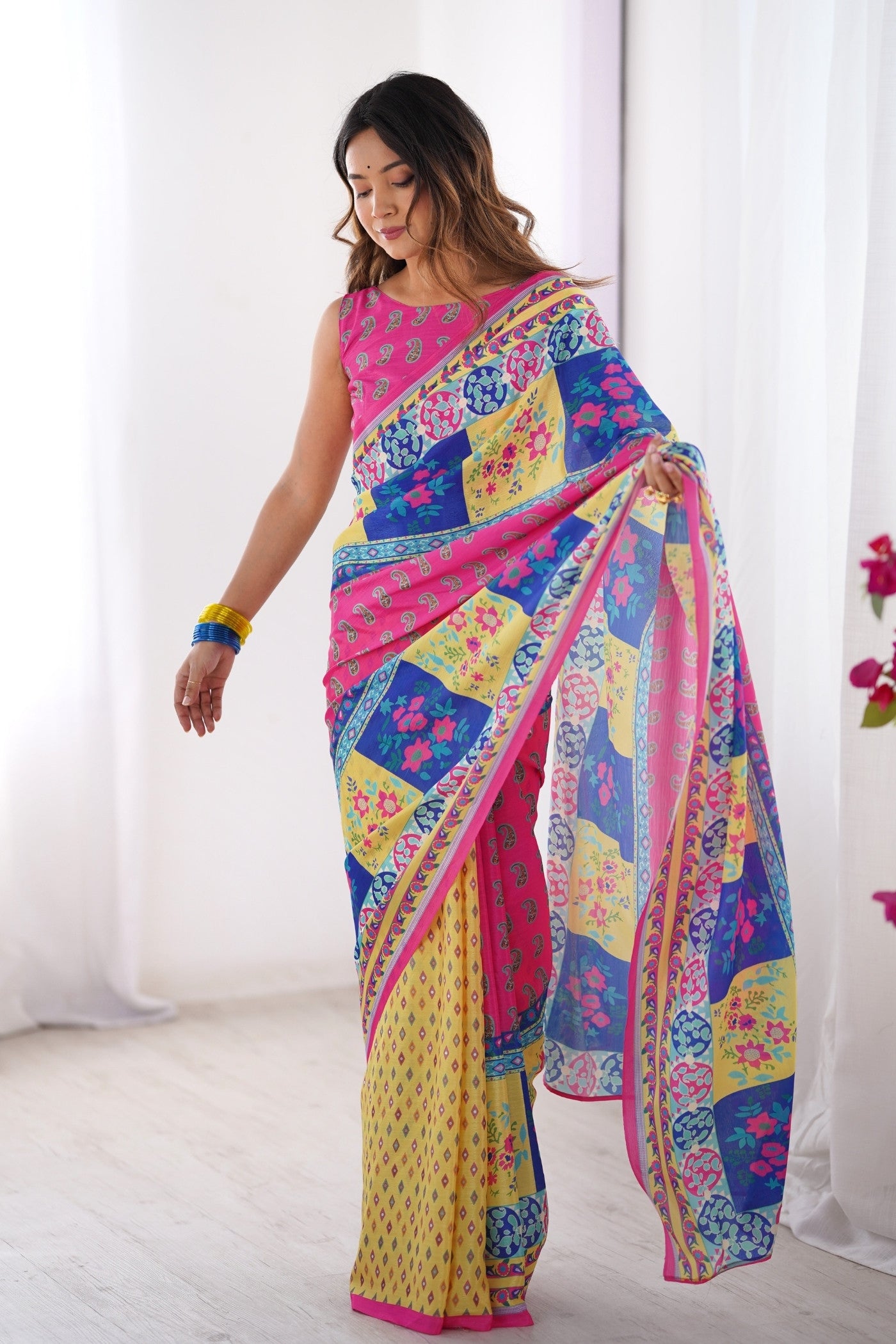 Buy MySilkLove Multicolor Pink Chinon Printed Saree Online
