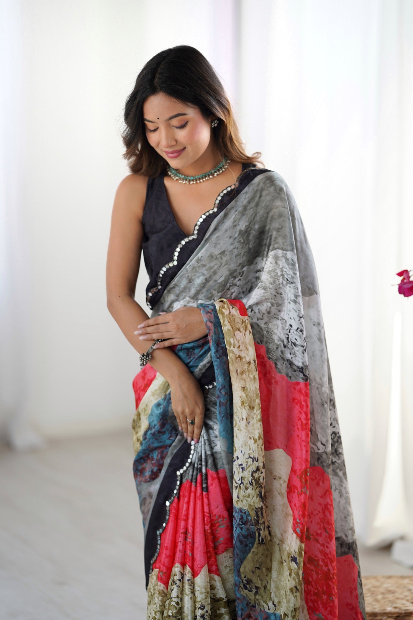 Buy MySilkLove Grey Multicolor Chinon Partywear Saree Online