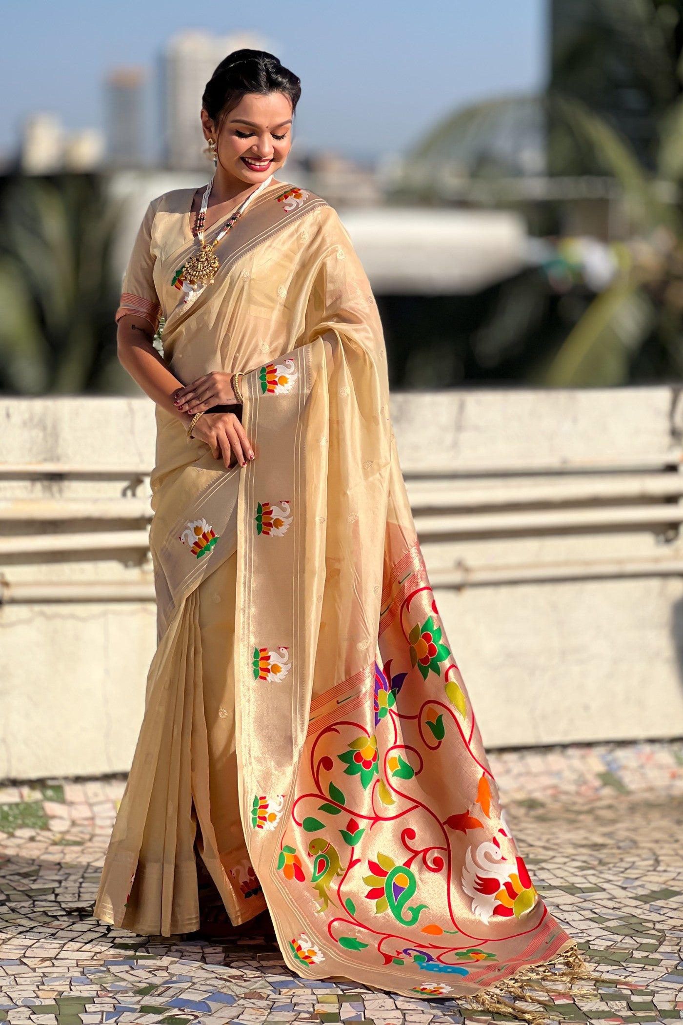 Buy MySilkLove Classic Cream Organza Woven Paithani Saree Online