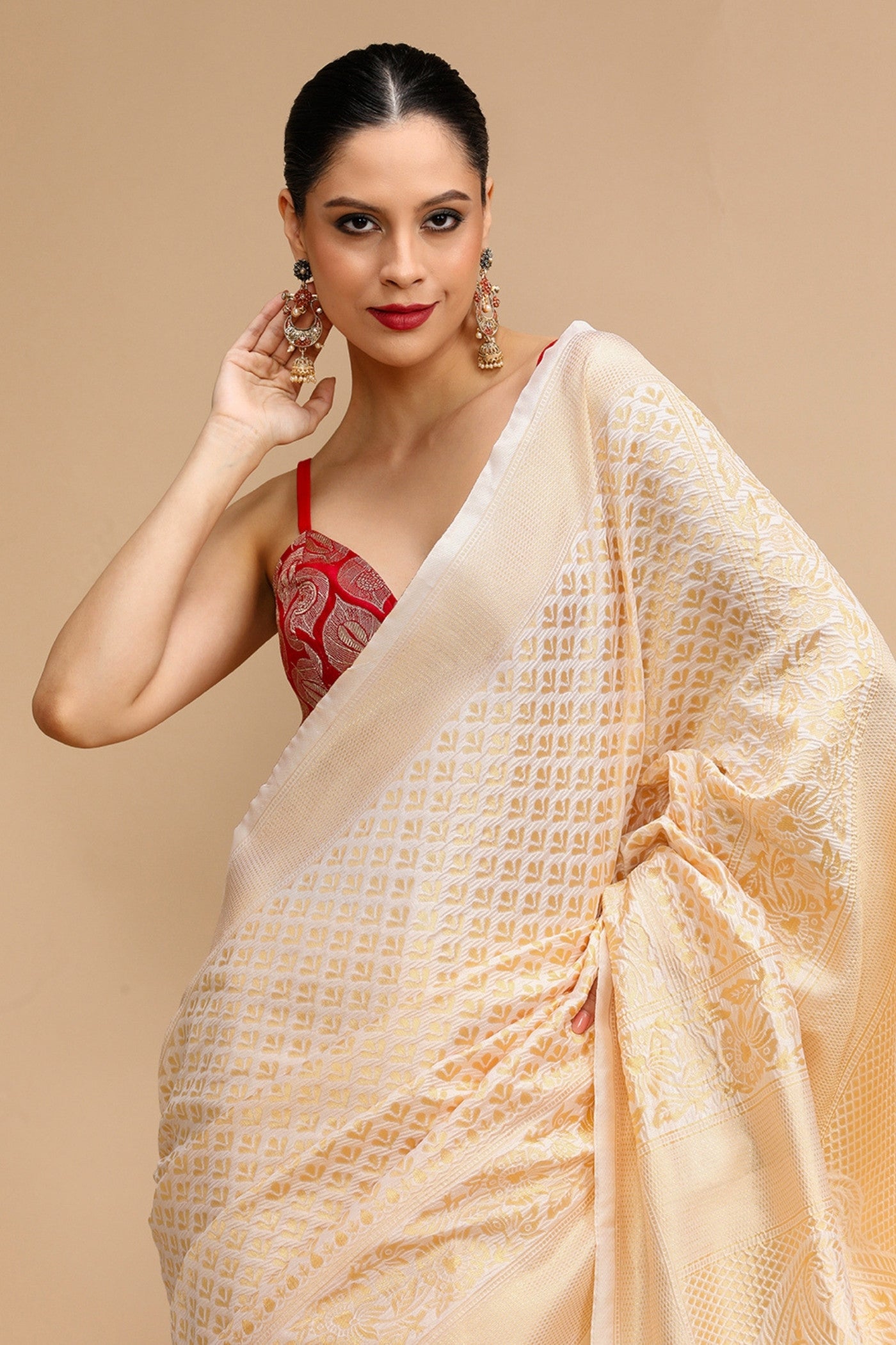 Buy MySilkLove Almond Cream Woven Jacquard Lichi Silk Saree Online