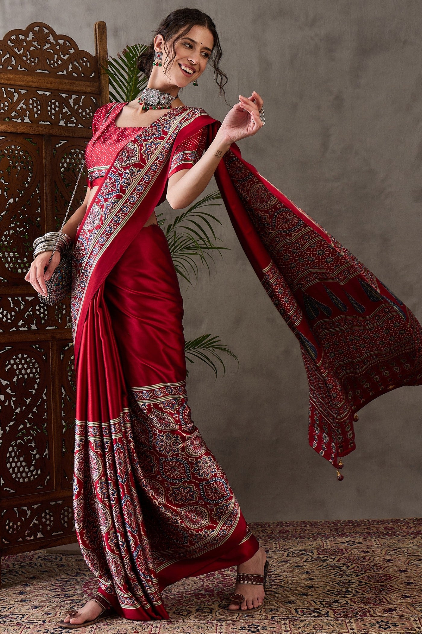Buy MySilkLove Mocca Maroon Printed Satin Gaji Silk Saree Online