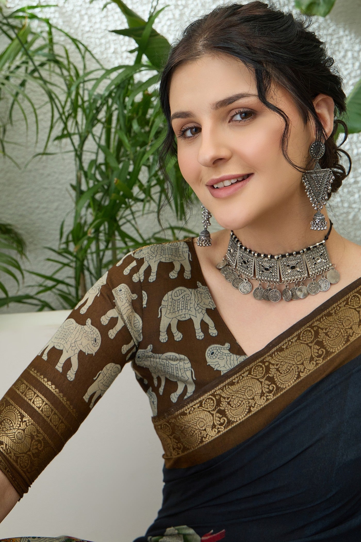 Buy MySilkLove Ink Black Printed Cotton Saree Online