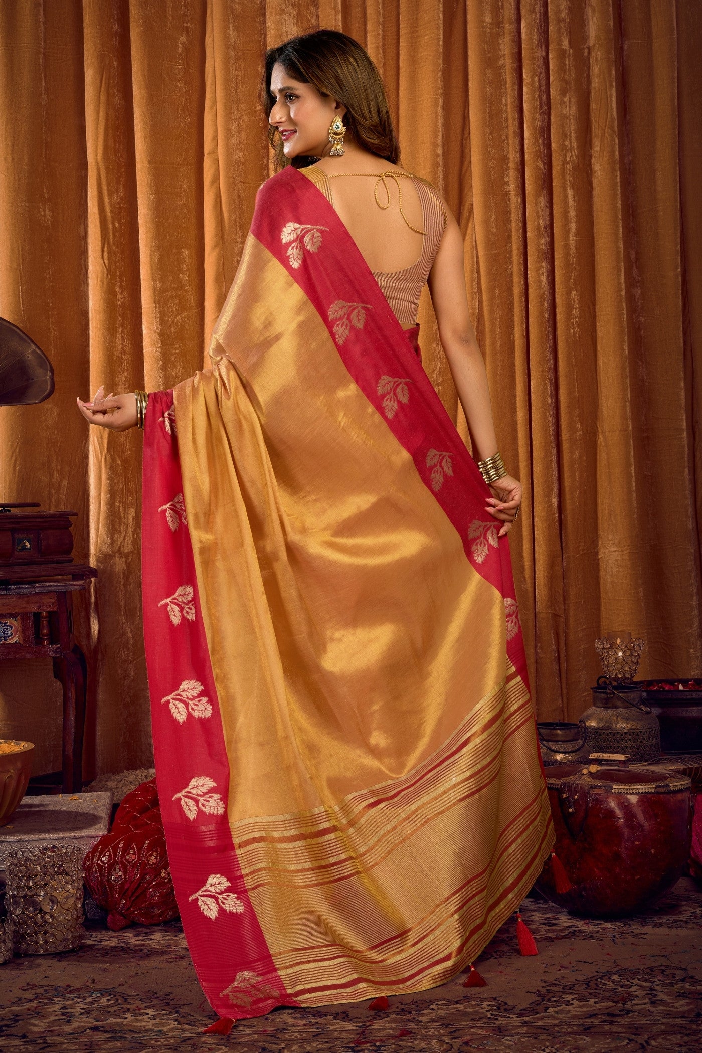 Buy MySilkLove Coral Orange Woven Tissue Saree Online