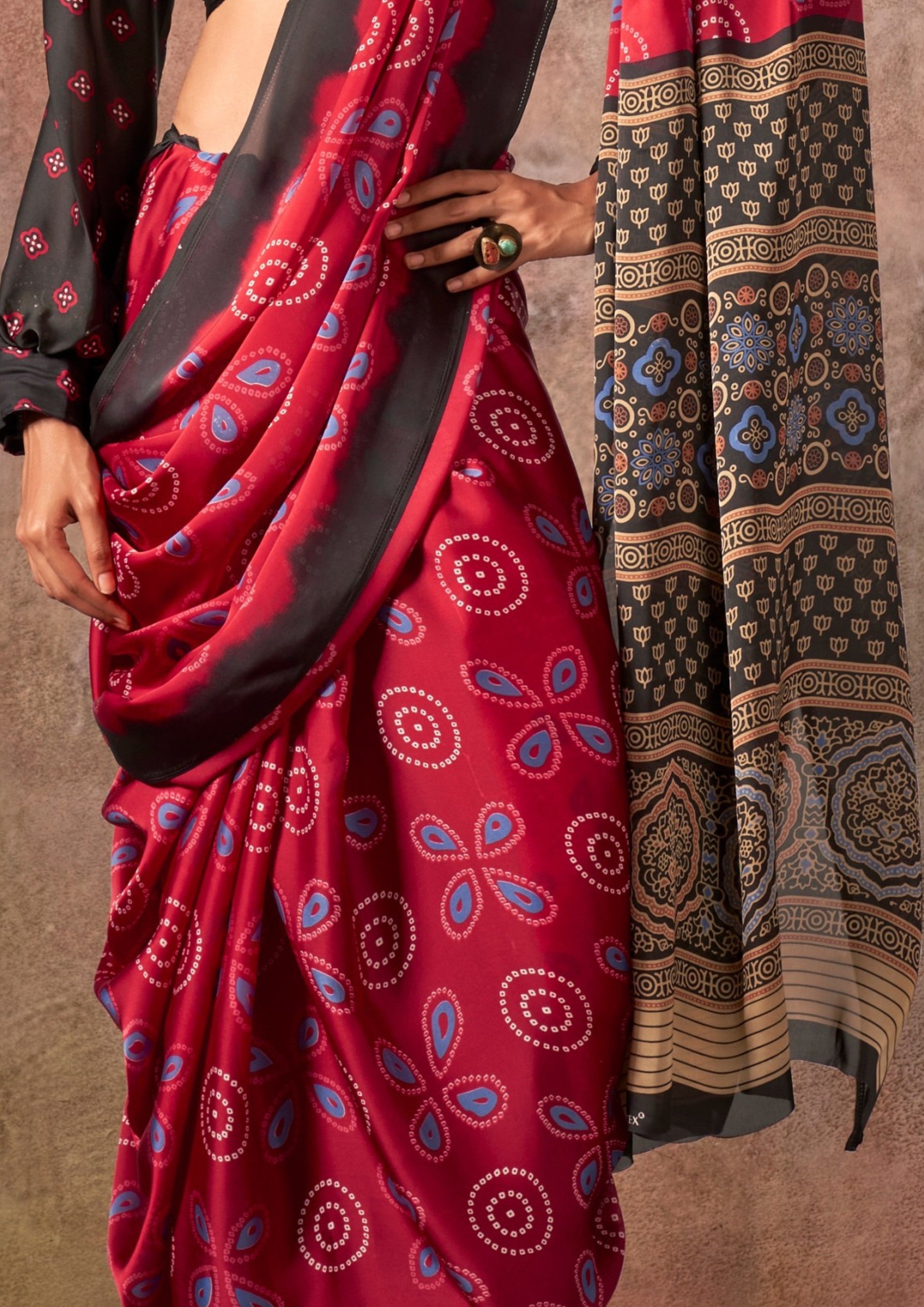 Buy MySilkLove Falun Red Ajrakh Printed Satin Georgette Silk Saree Online