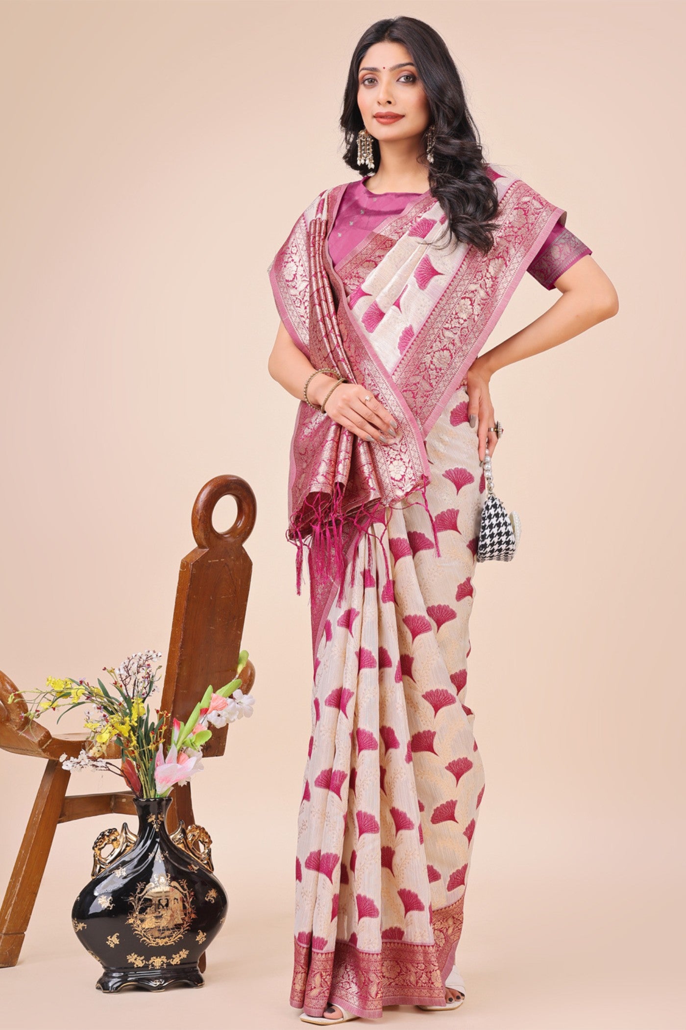 Buy MySilkLove Bone White and Pink Linen Cotton Saree Online