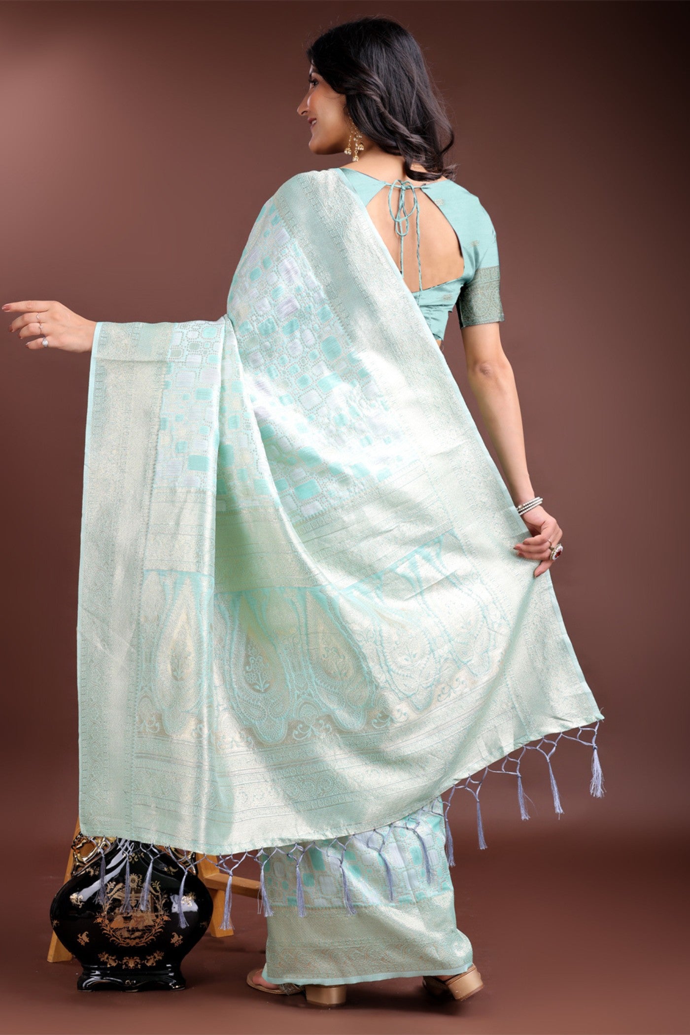 Buy MySilkLove Celadon Green Woven Linen Cotton Saree Online