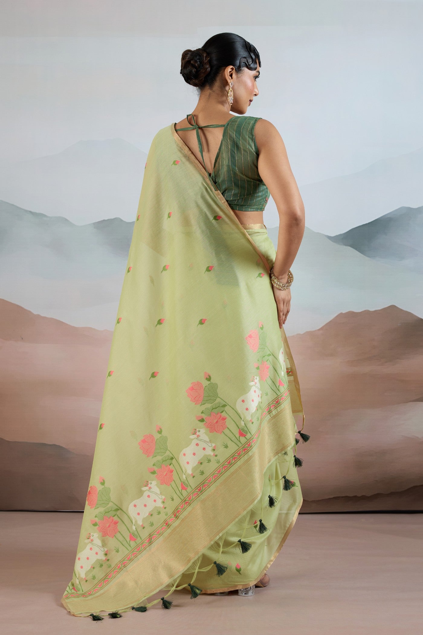 Buy MySilkLove Artichoke Green Cotton Handloom Pichwai Saree Online