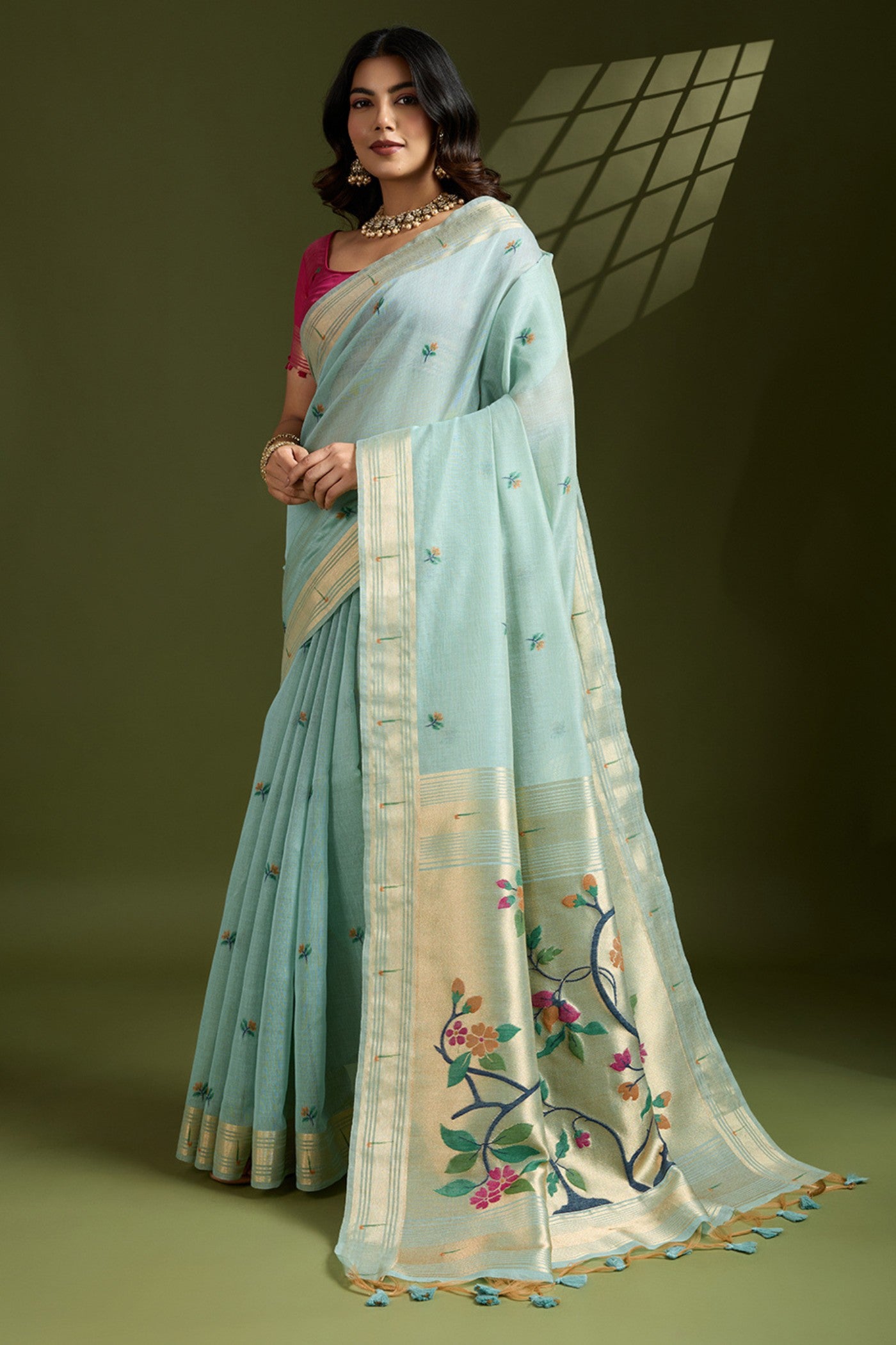 Buy MySilkLove Tiffany Blue Woven Muga Cotton Paithani Saree Online