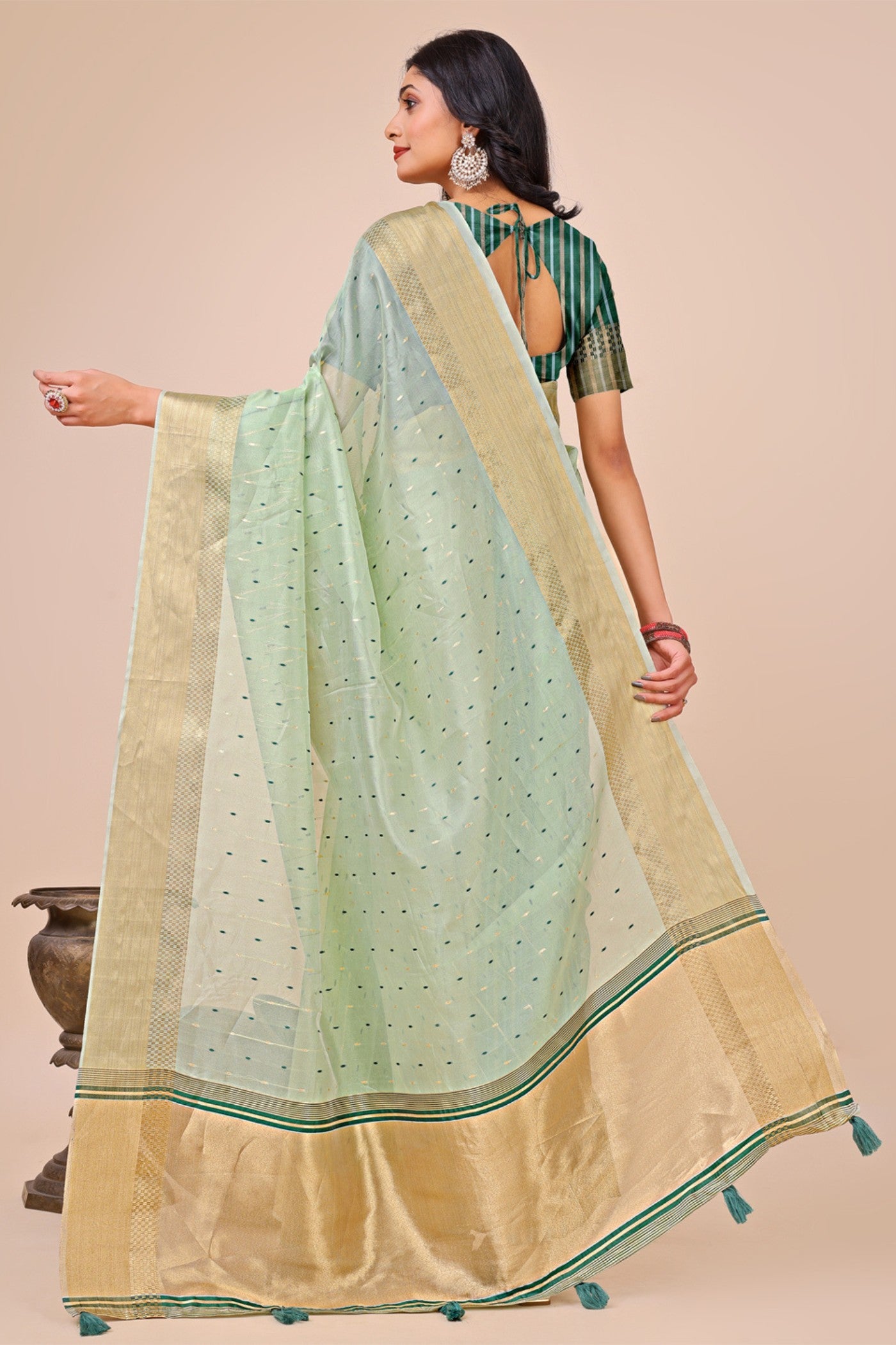 Buy MySilkLove Tea Green Woven Organza Saree Online