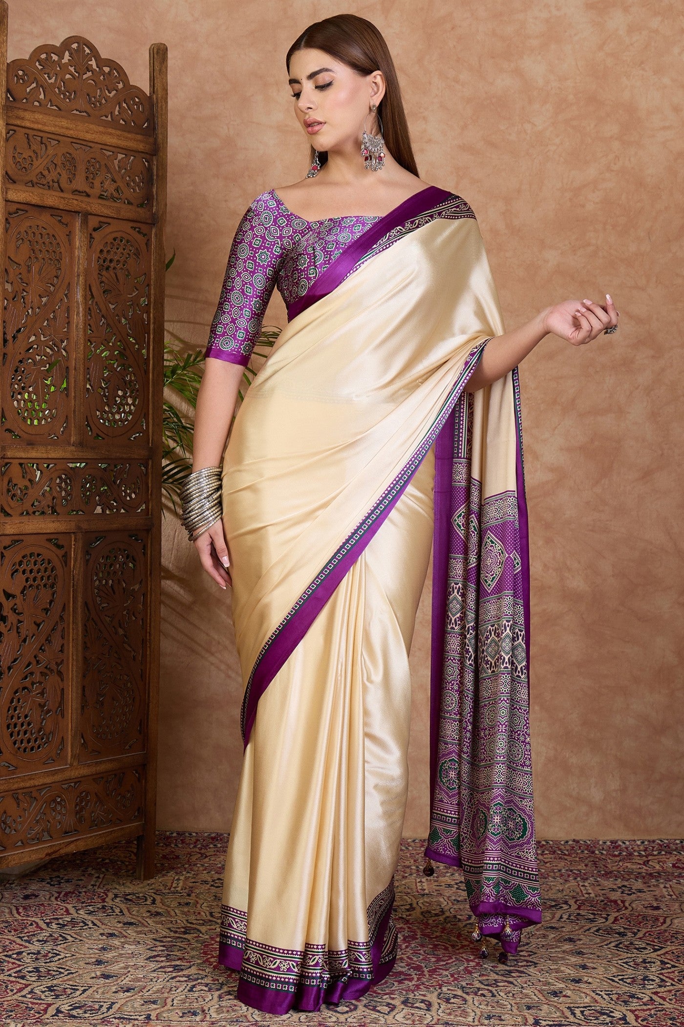 Buy MySilkLove Ivory Cream and Purple Ajrakh Printed Satin Crepe Silk Saree Online
