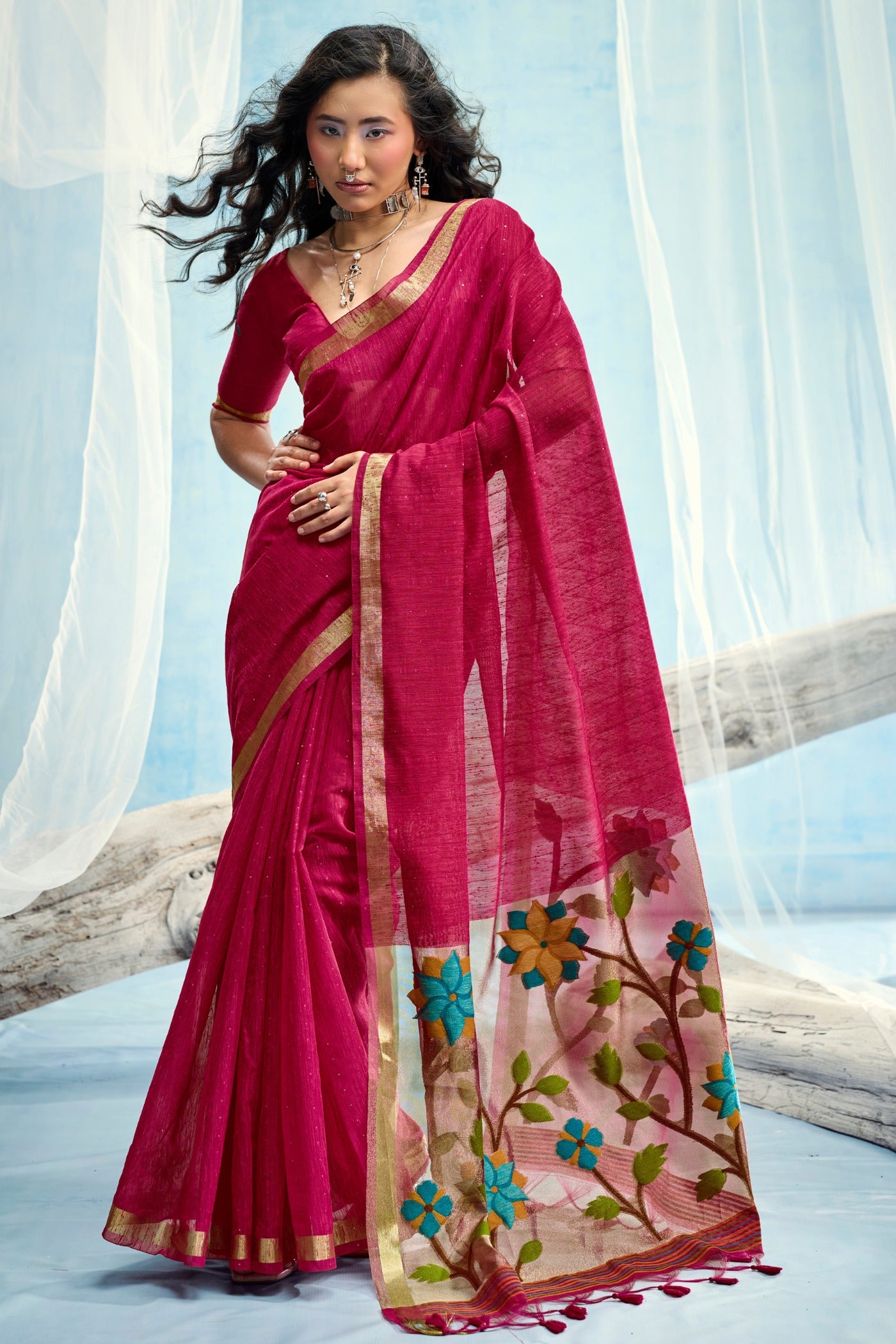 Buy MySilkLove French Maroon Munga Handloom Tissue Pallu Saree Online
