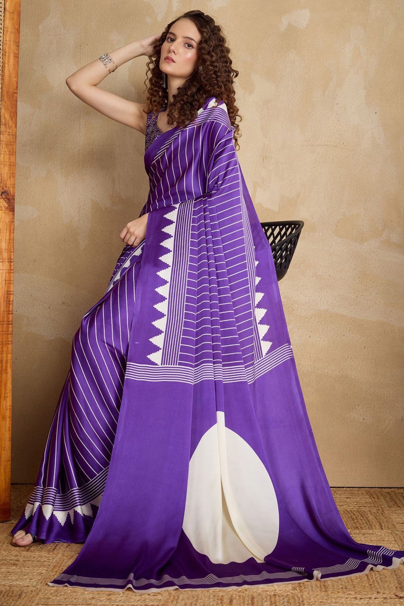 Buy MySilkLove Ferra Purple Ajrakh Printed Satin Crepe Silk Saree Online