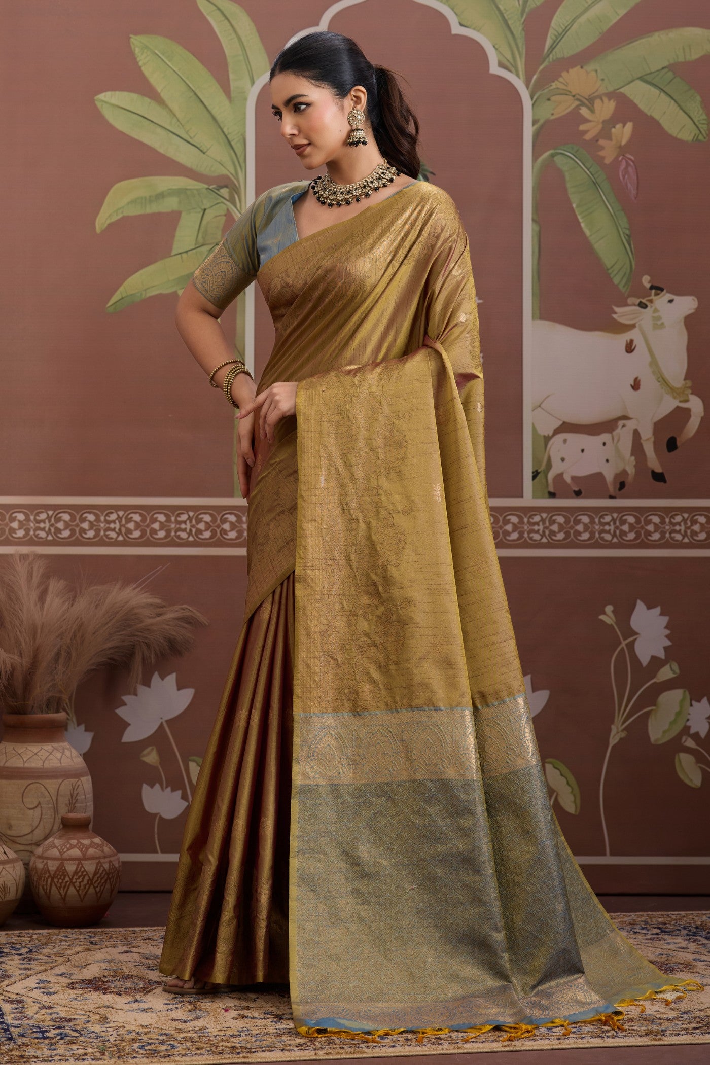 Buy MySilkLove Sage Green Banarasi Handloom Tussar Saree Online