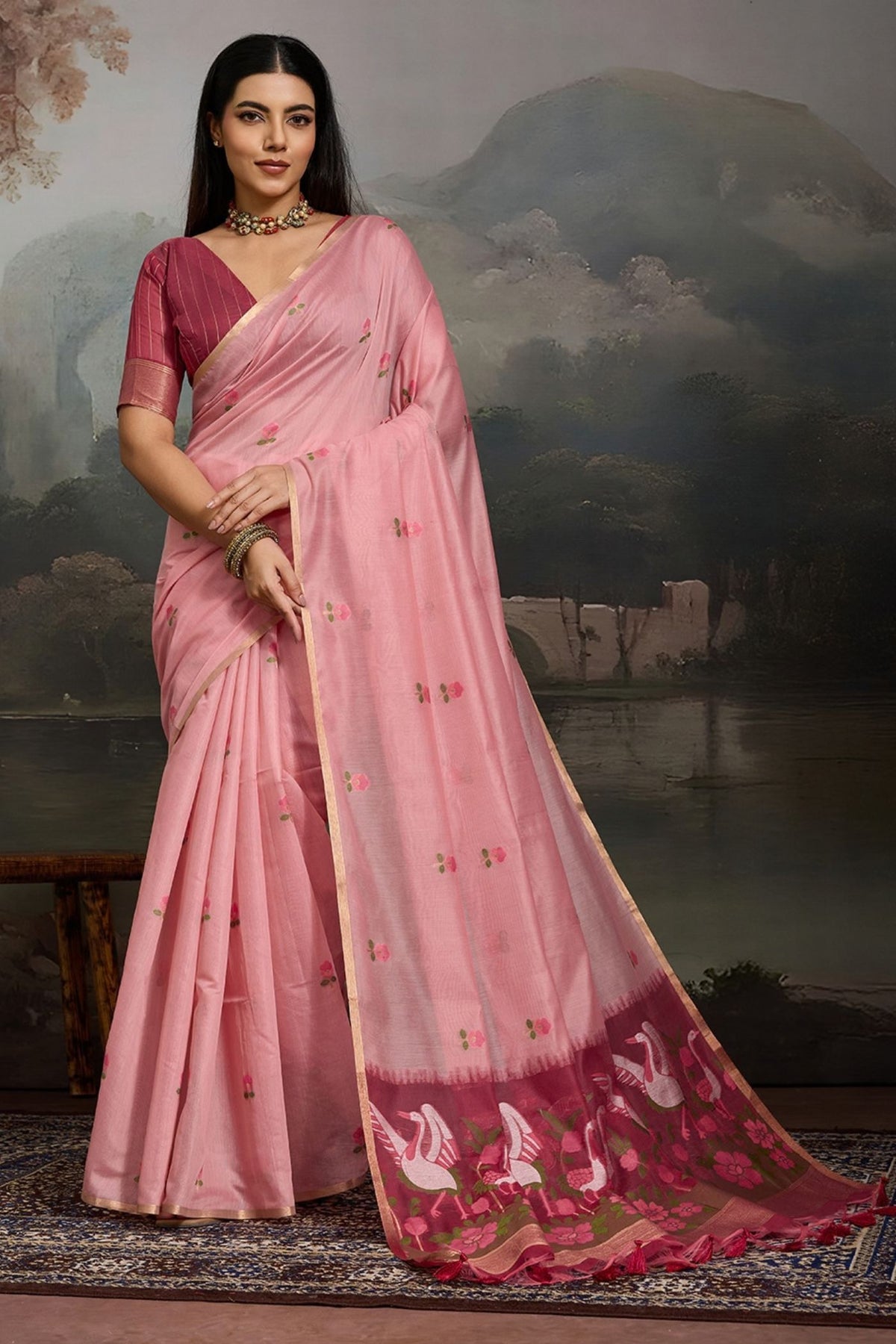 Buy MySilkLove Tulip Blush Pink Cotton Handloom Swan Saree Online