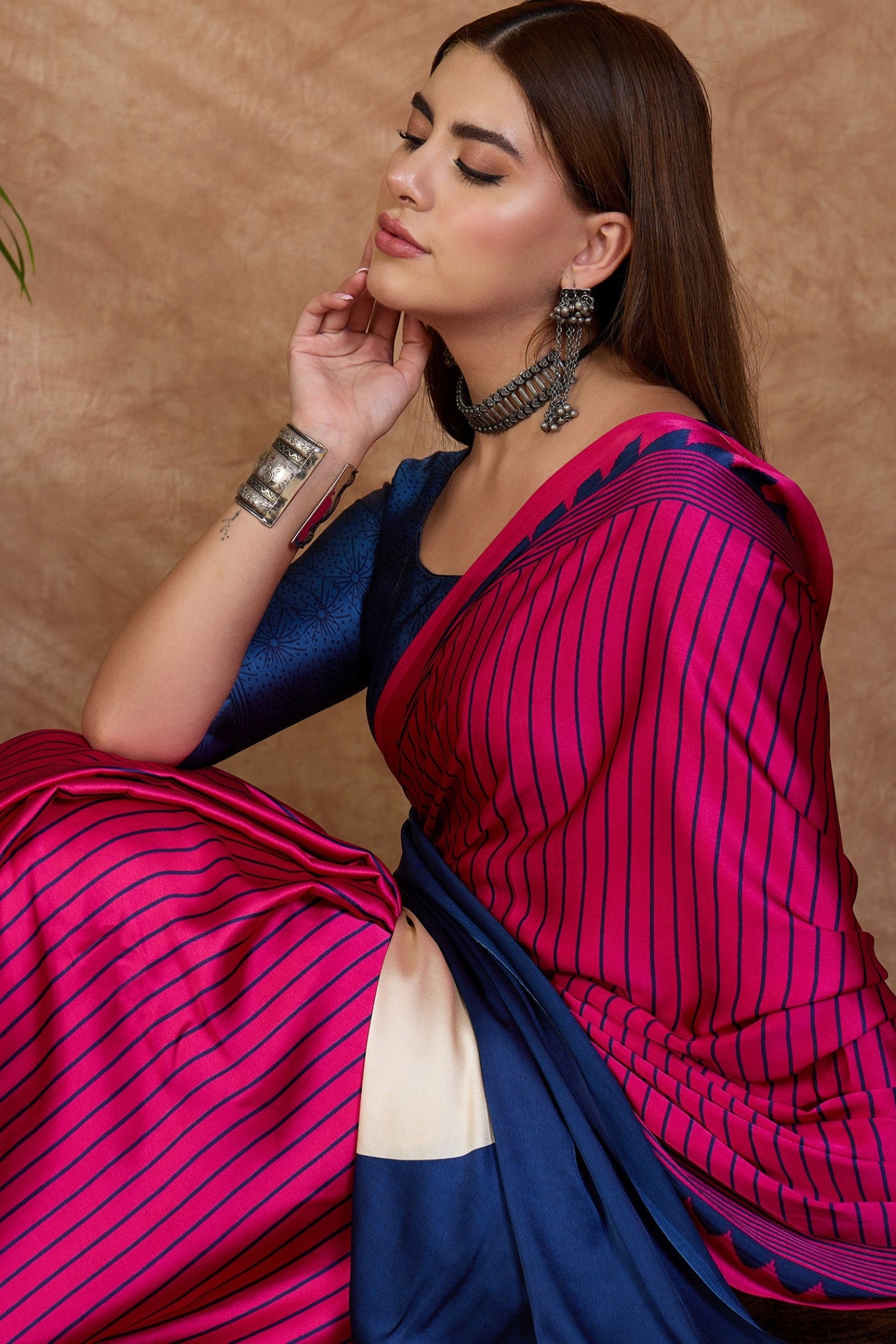 MySilkLove Magenta Pink and Blue Stripe Ajrakh Printed Satin Crepe Silk Saree