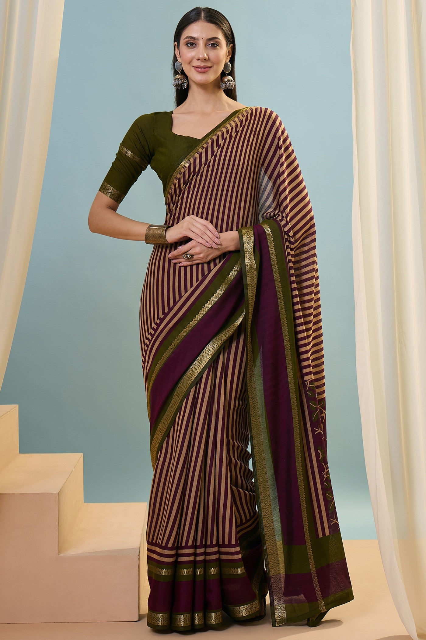 Buy MySilkLove Olive Green Woven Cotton Saree Online