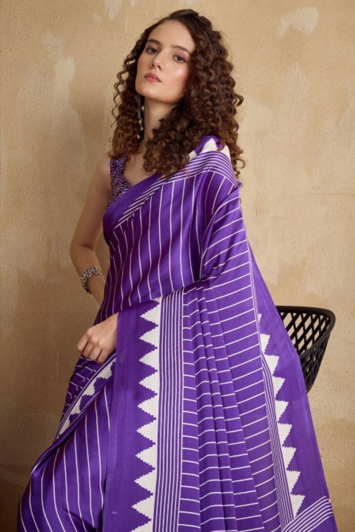 Buy MySilkLove Ferra Purple Ajrakh Printed Satin Crepe Silk Saree Online