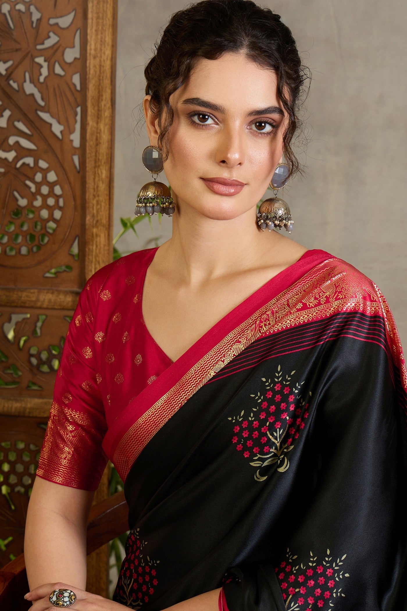 Buy MySilkLove Inked Black and Red Printed Satin Crepe Silk Saree Online