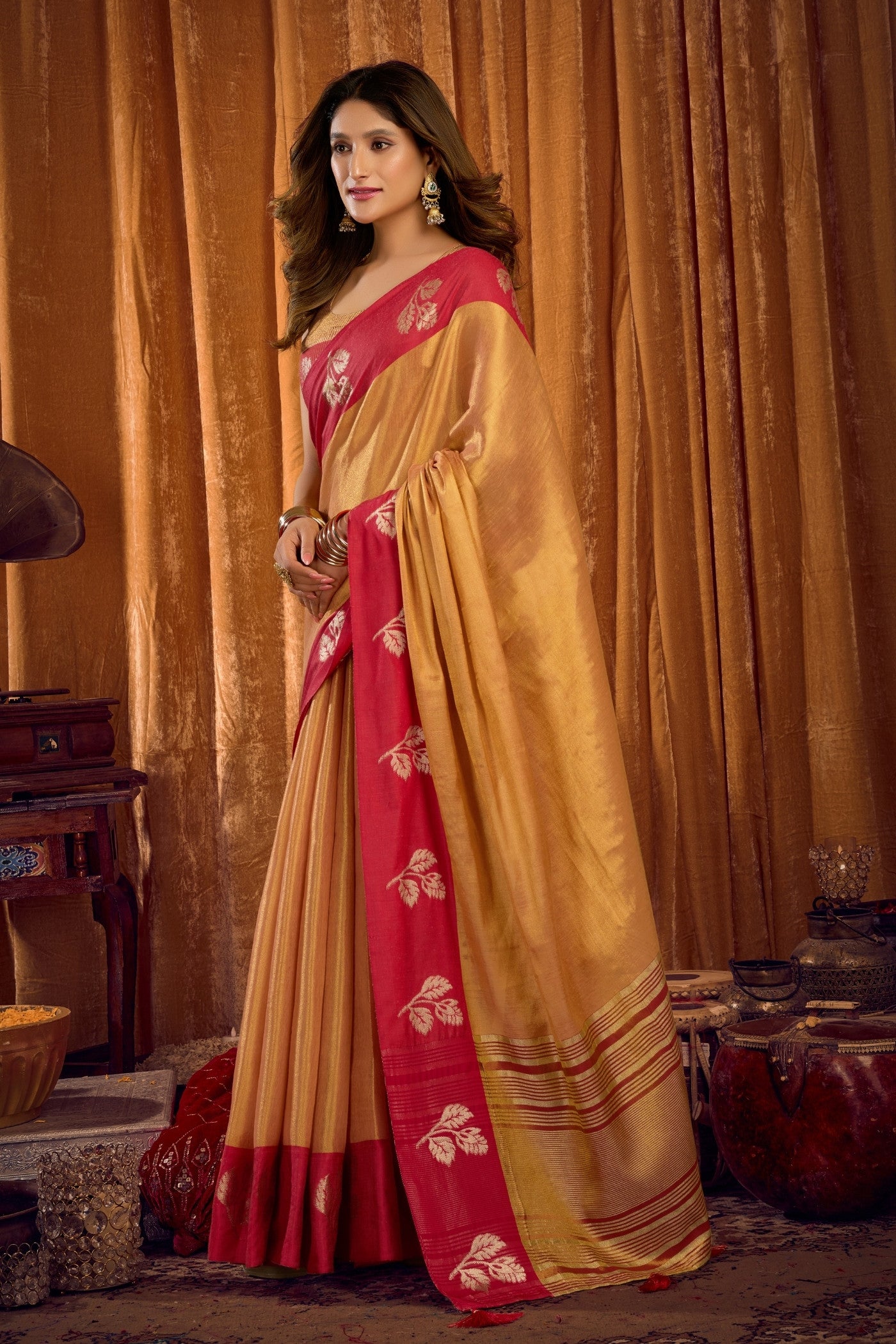Buy MySilkLove Coral Orange Woven Tissue Saree Online