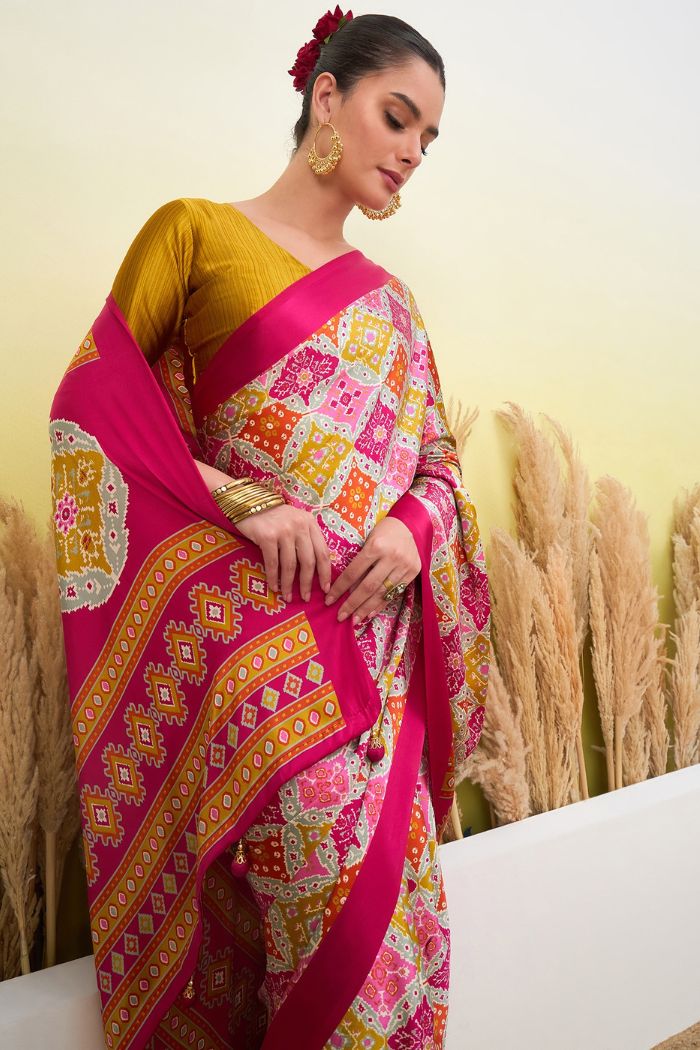 Buy MySilkLove Watermelon Pink Patola Printed Satin Crepe Silk Saree Online