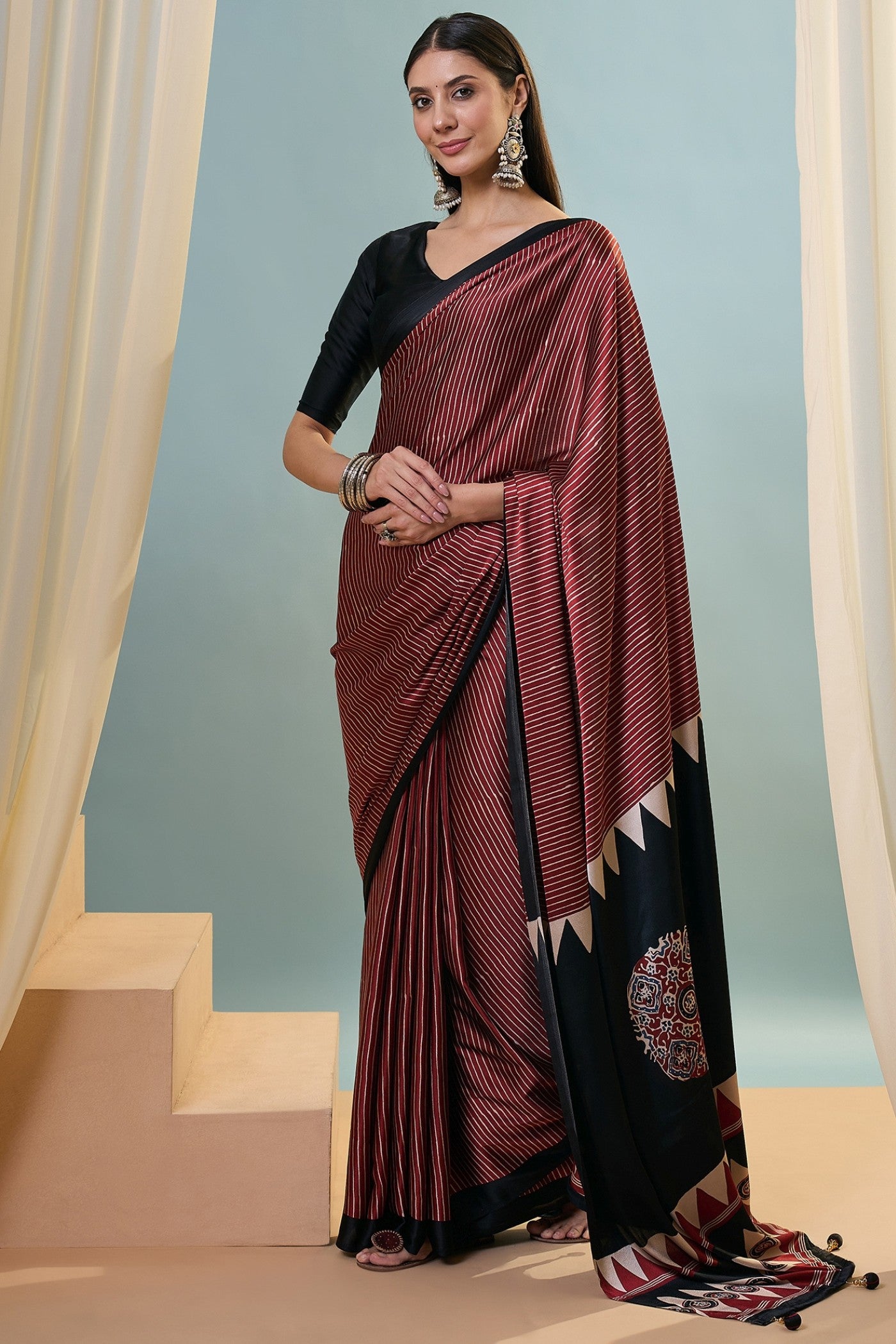Buy MySilkLove Russet Brown Ajrakh Printed Satin Crepe Silk Saree Online