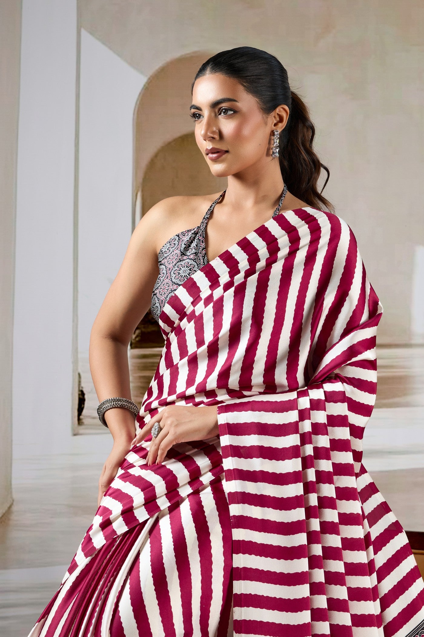 Buy MySilkLove Rosewood Maroon Stripe Ajrakh Printed Satin Crepe Silk Saree Online