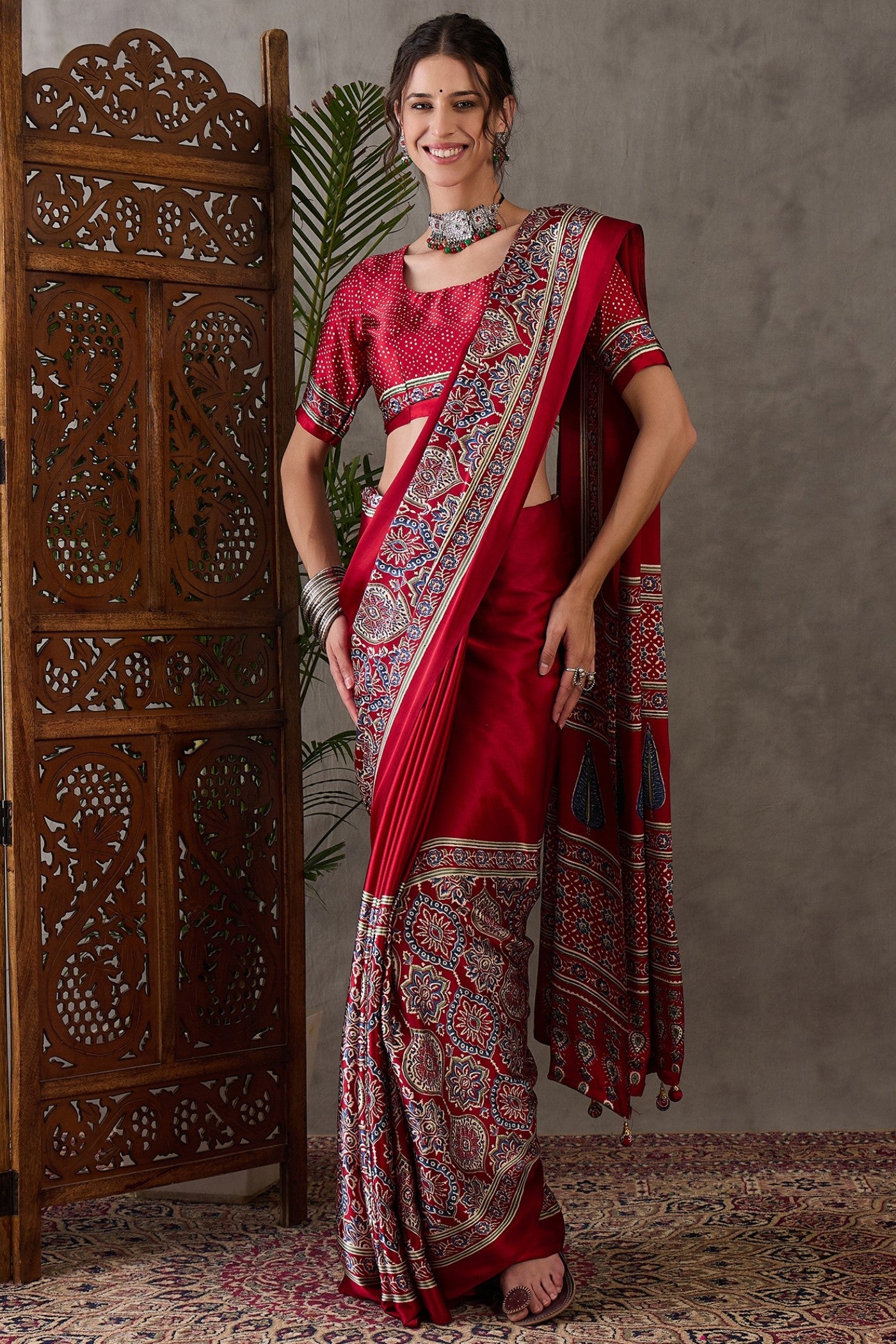 Buy MySilkLove Mocca Maroon Printed Satin Gaji Silk Saree Online