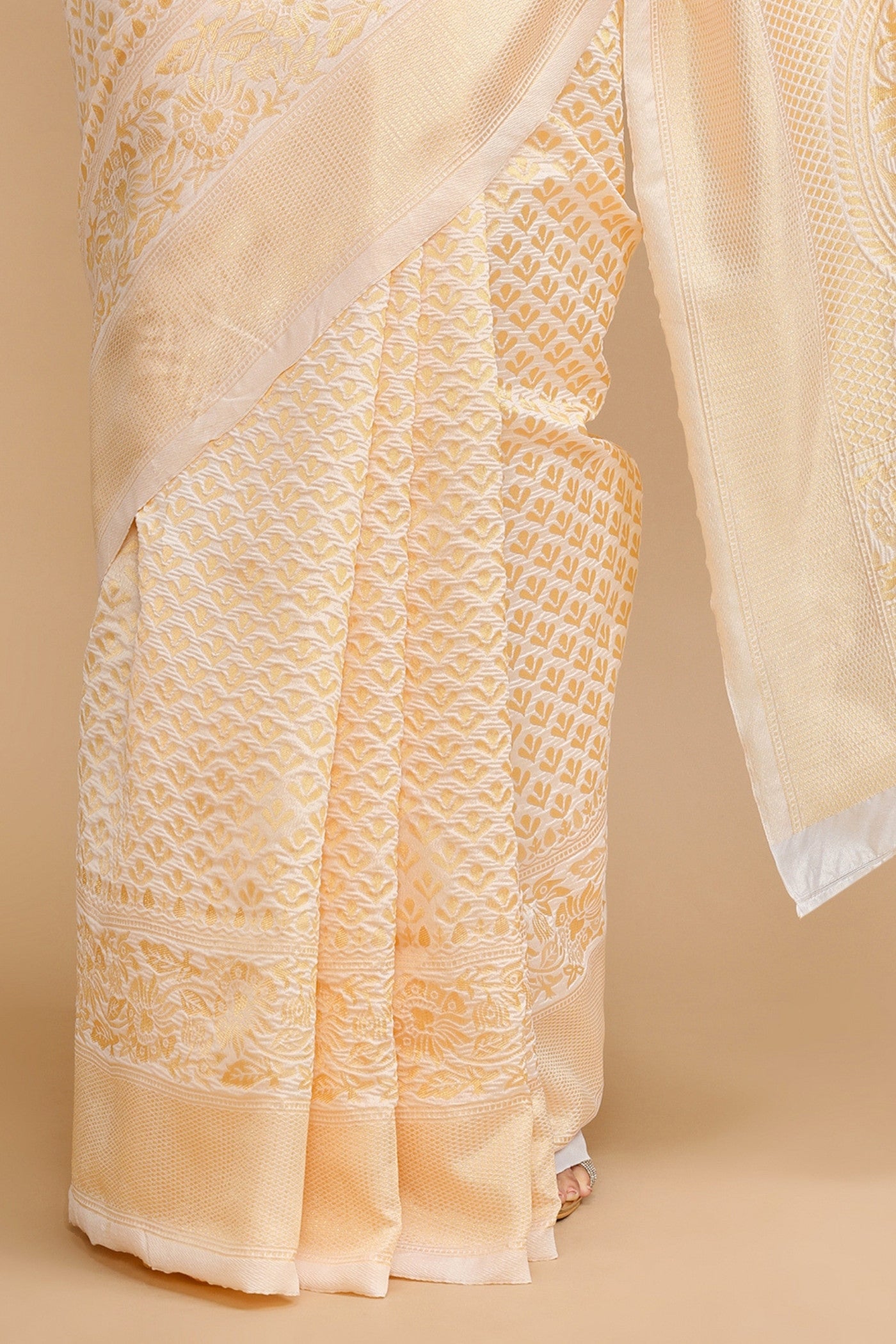 Buy MySilkLove Almond Cream Woven Jacquard Lichi Silk Saree Online