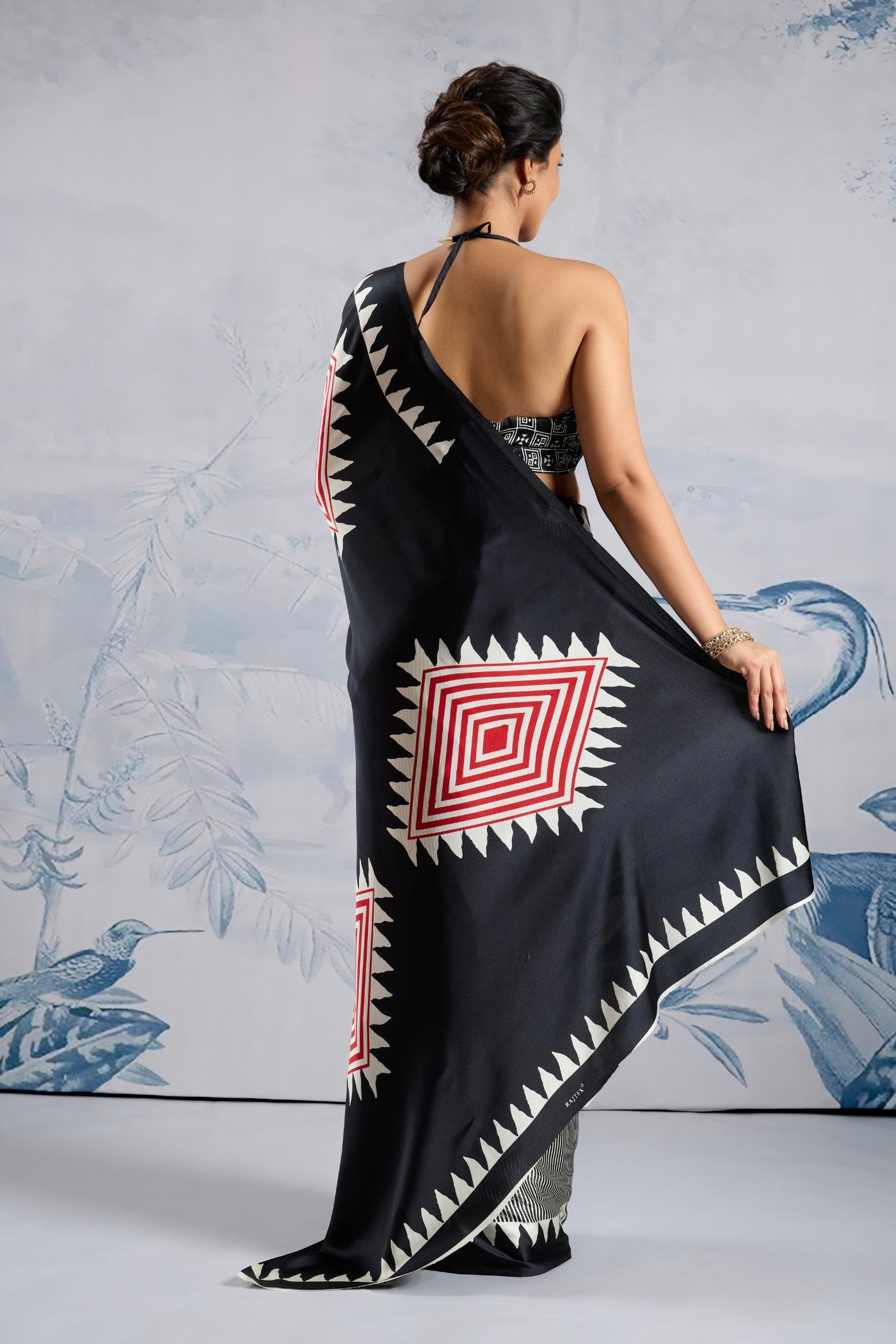 Buy MySilkLove Melanie Black Stripe Ajrakh Printed Satin Crepe Silk Saree Online