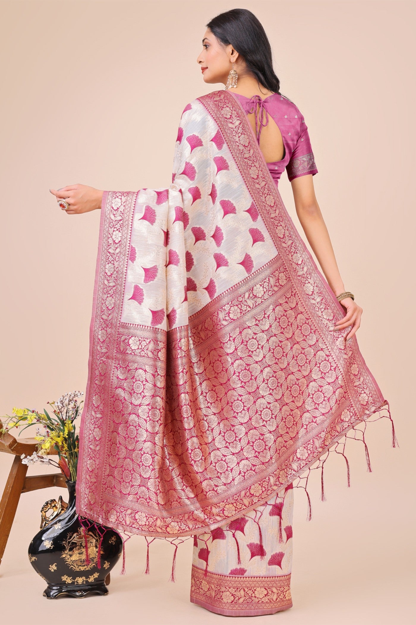 Buy MySilkLove Bone White and Pink Linen Cotton Saree Online