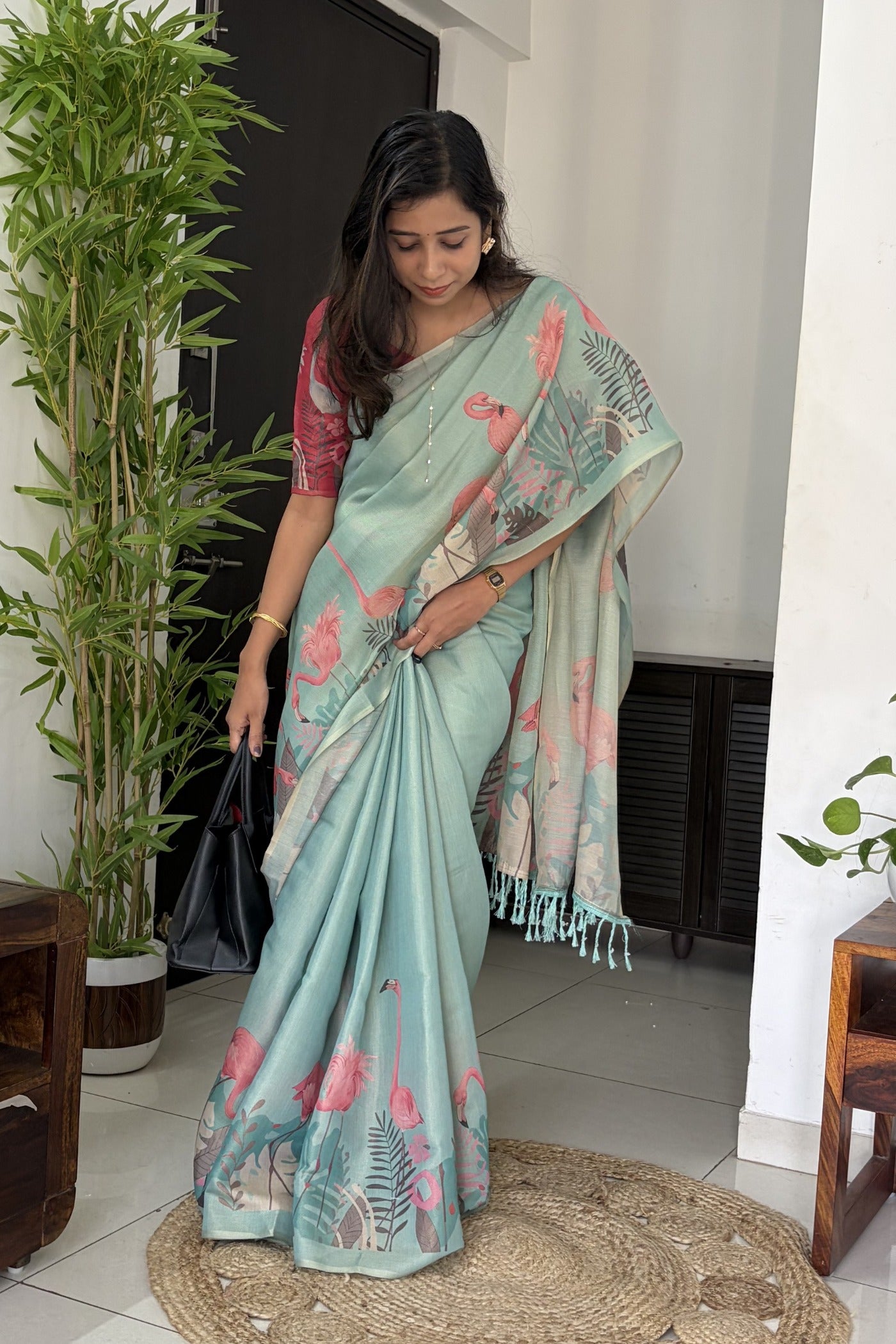 Buy MySilkLove Pastel Blue Printed Linen Saree Online