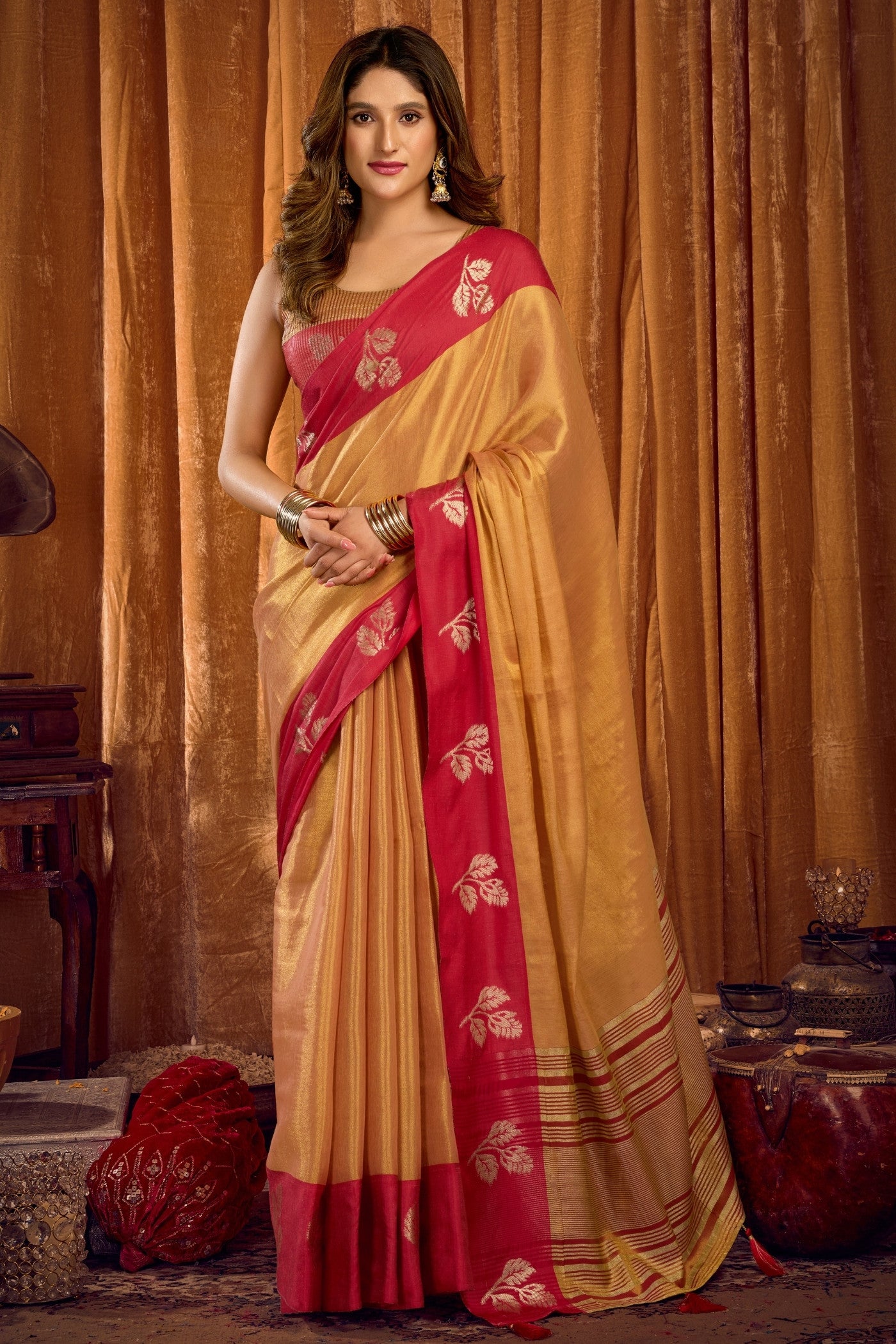 Buy MySilkLove Coral Orange Woven Tissue Saree Online