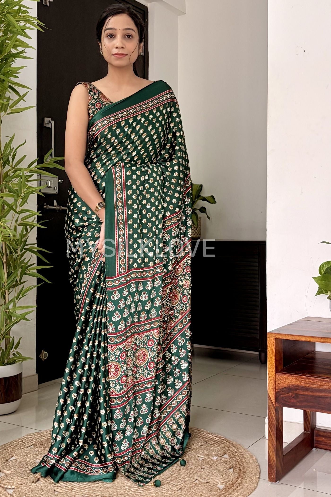 Buy MySilkLove Bottle Green Ajrakh Printed Mirror Work satin Saree Online