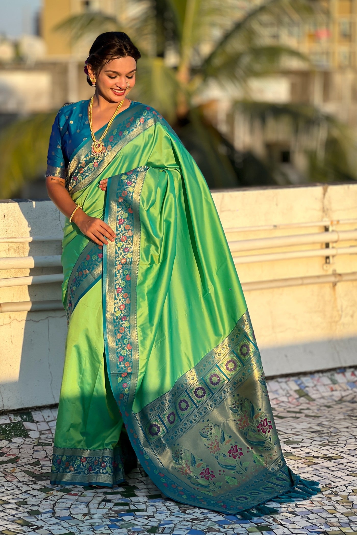 Buy MySilkLove Conifer Green and Blue Zari Woven Paithani Saree Online
