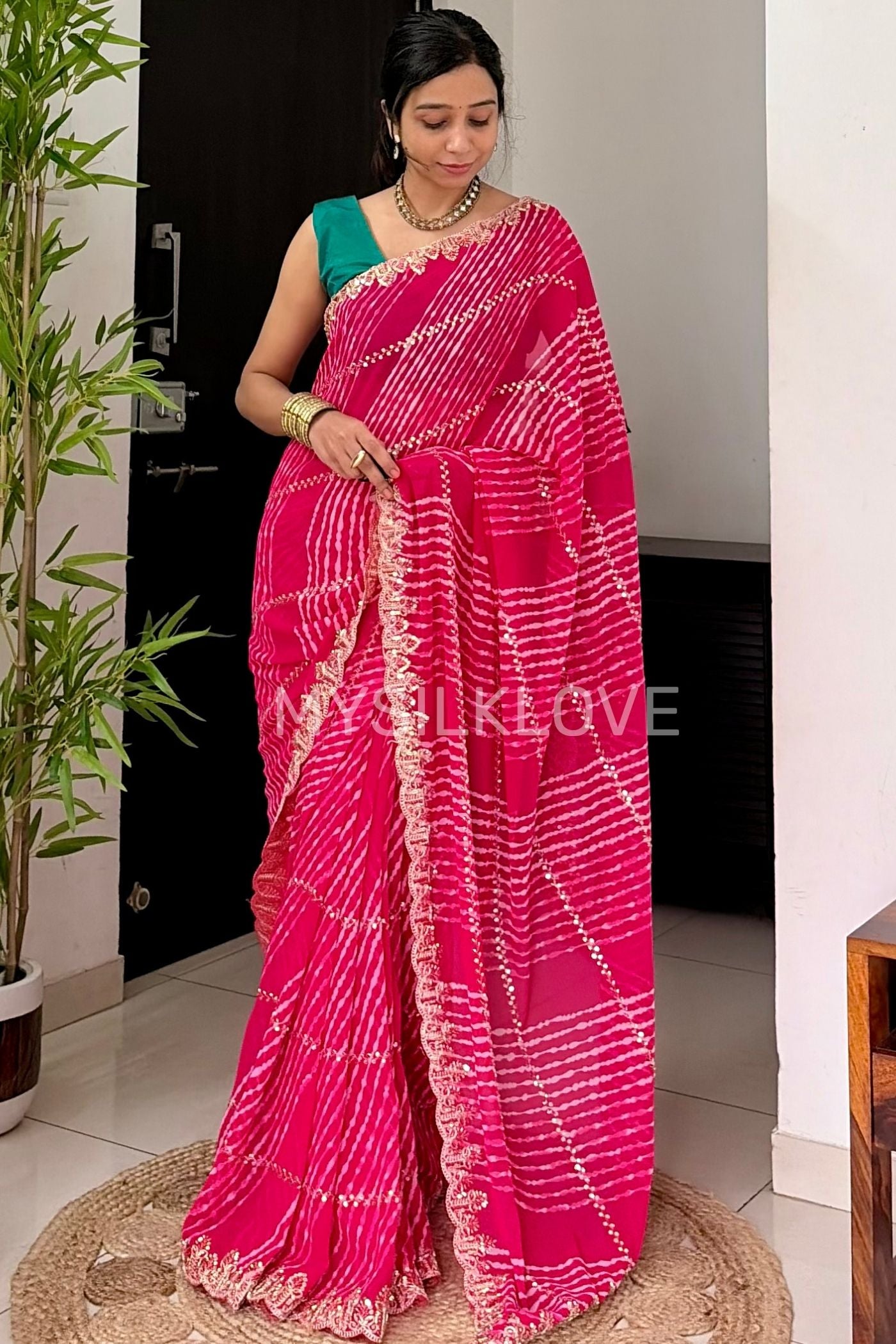 Buy MySilkLove Ruby Pink Designer Bandhani Saree with Designer Handwork Blouse Online