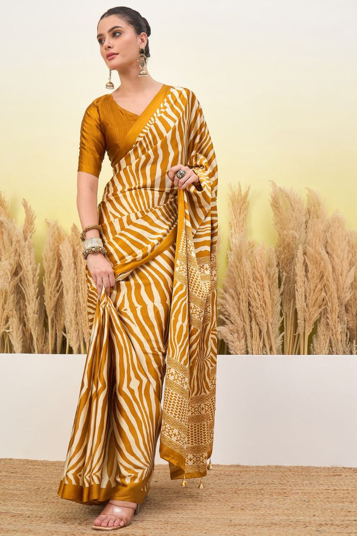 Buy MySilkLove Mustard Yellow Modal Ajrakh Satin Printed Silk Saree Online