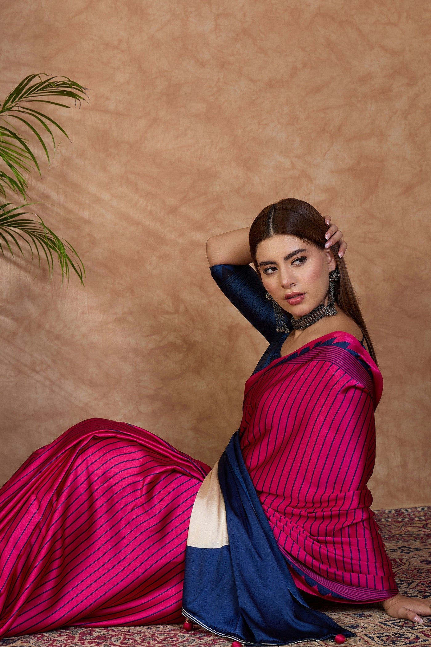 Buy MySilkLove Magenta Pink and Blue Stripe Ajrakh Printed Satin Crepe Silk Saree Online